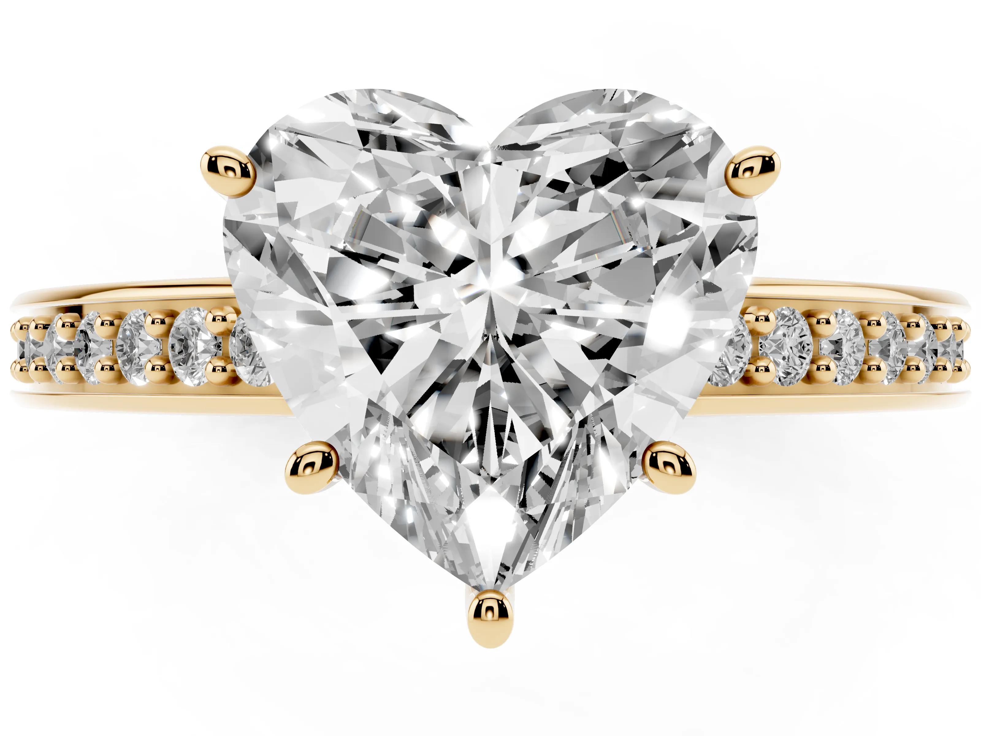 Heart Cut Diamond Pavé Band Prong Set Solitaire Ring Set in Yellow gold