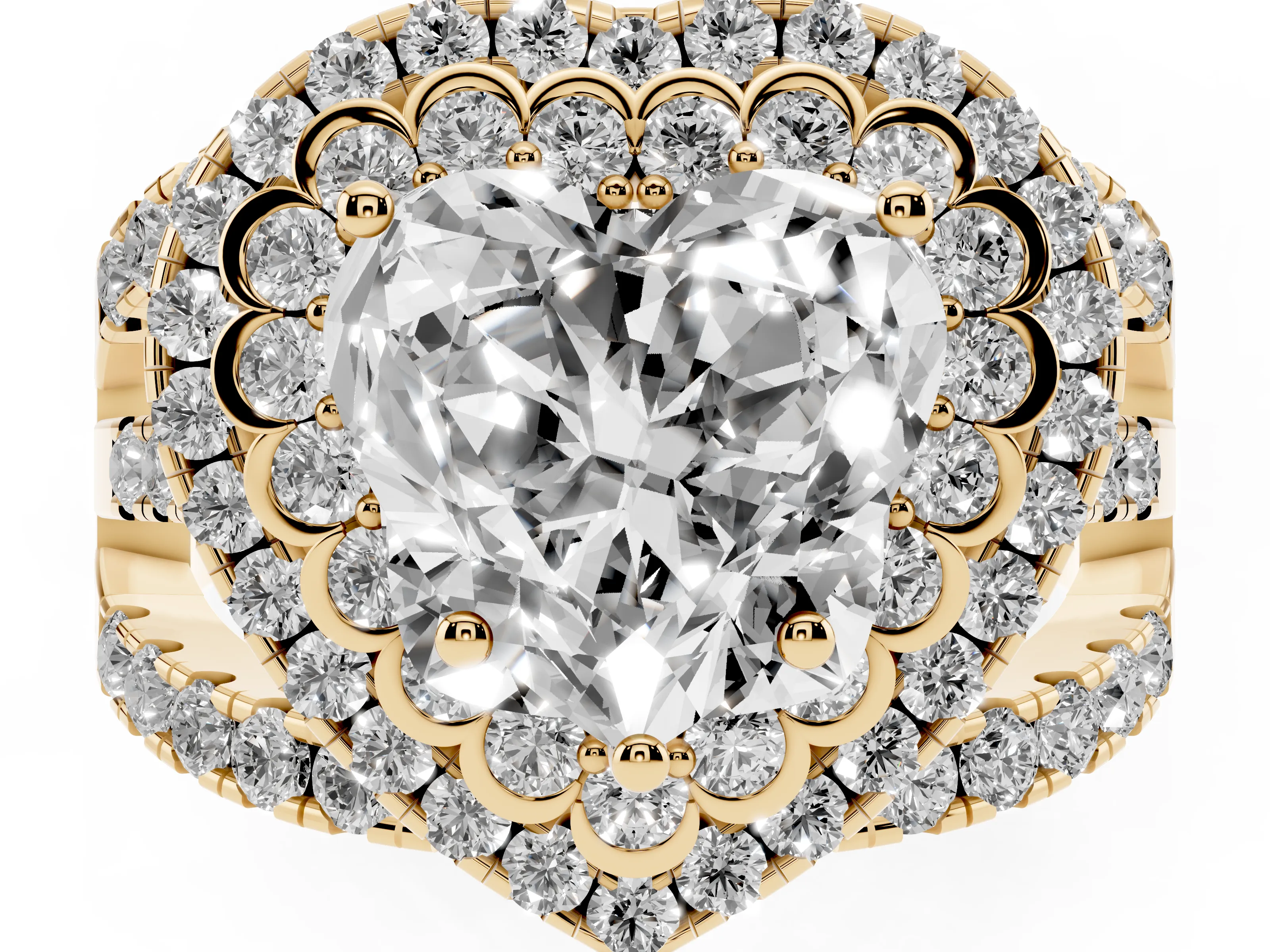 Heart Cut Diamond Double Halo Ring Set in Yellow gold with Round Pavé Split Shank
