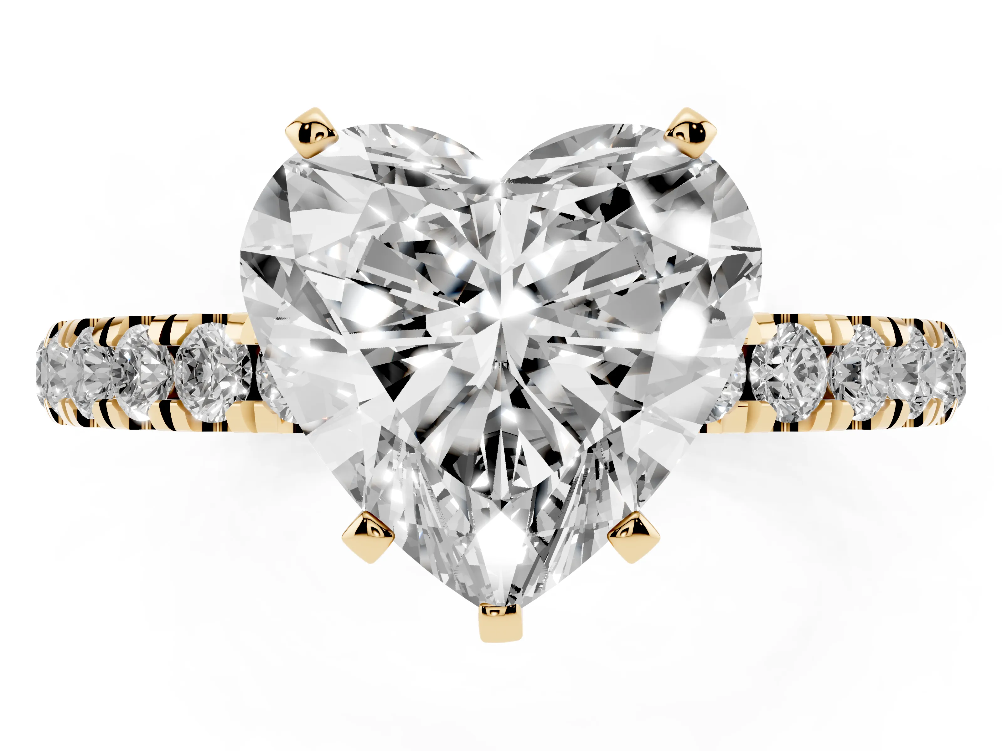 Heart Cut Diamond Solitaire Ring Set in Yellow gold with Pavé Accents and Prong Setting