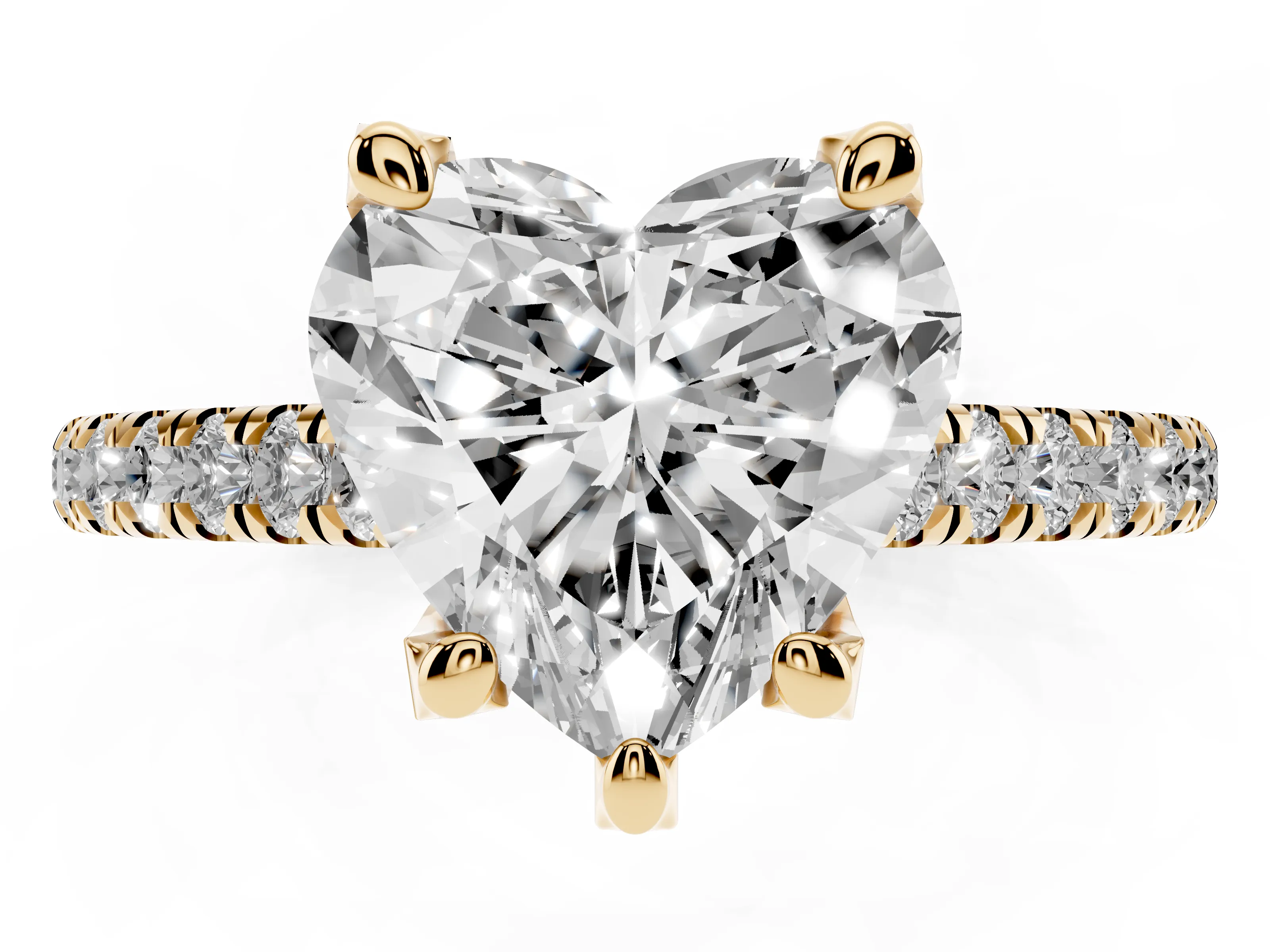 Heart Cut Diamond Solitaire Ring Set in Yellow gold with Brilliant Pavé Band and Prong Setting