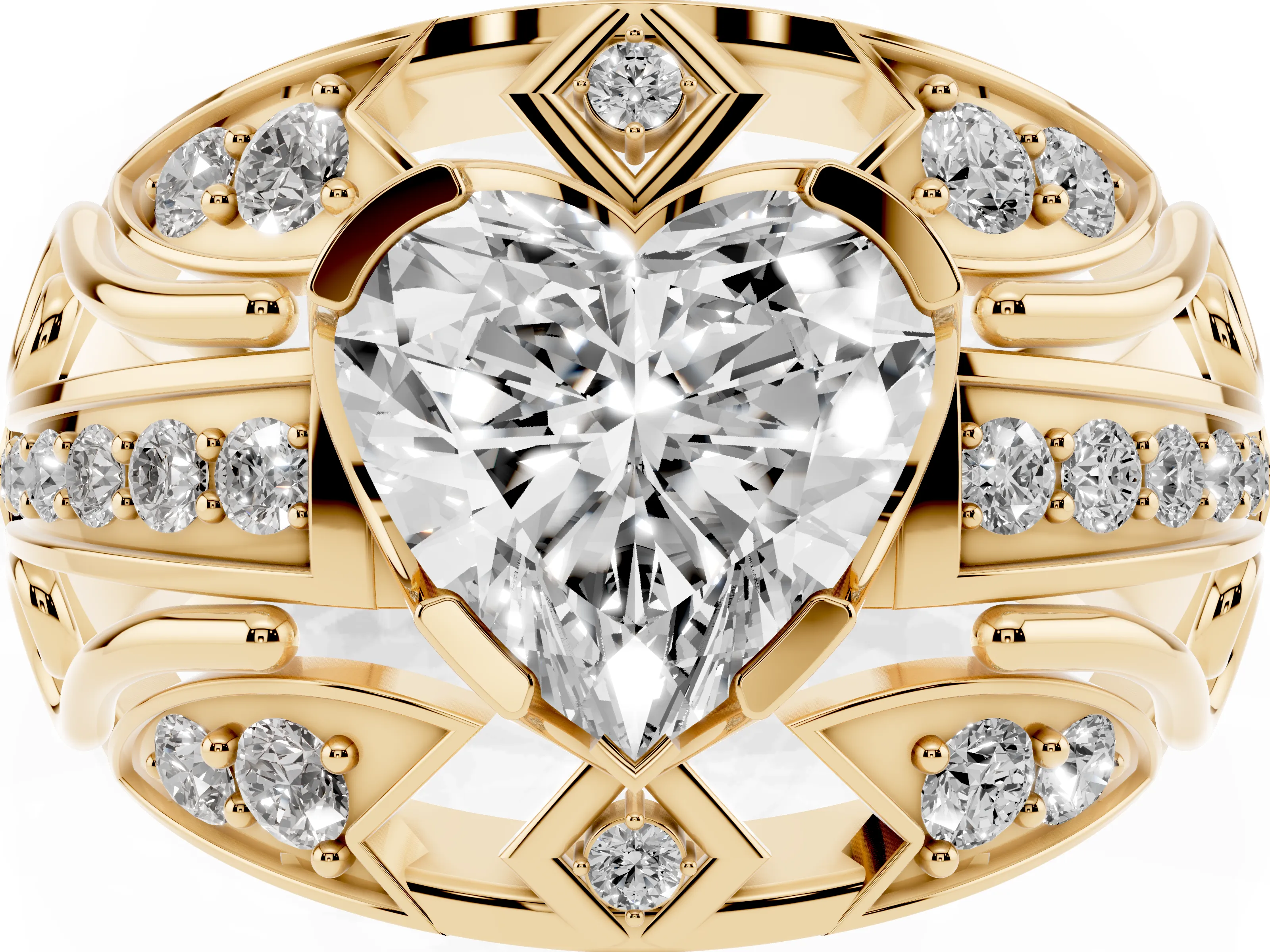 Heart Cut Diamond Art Deco Ring Set in Yellow gold with Pavé Split Shank