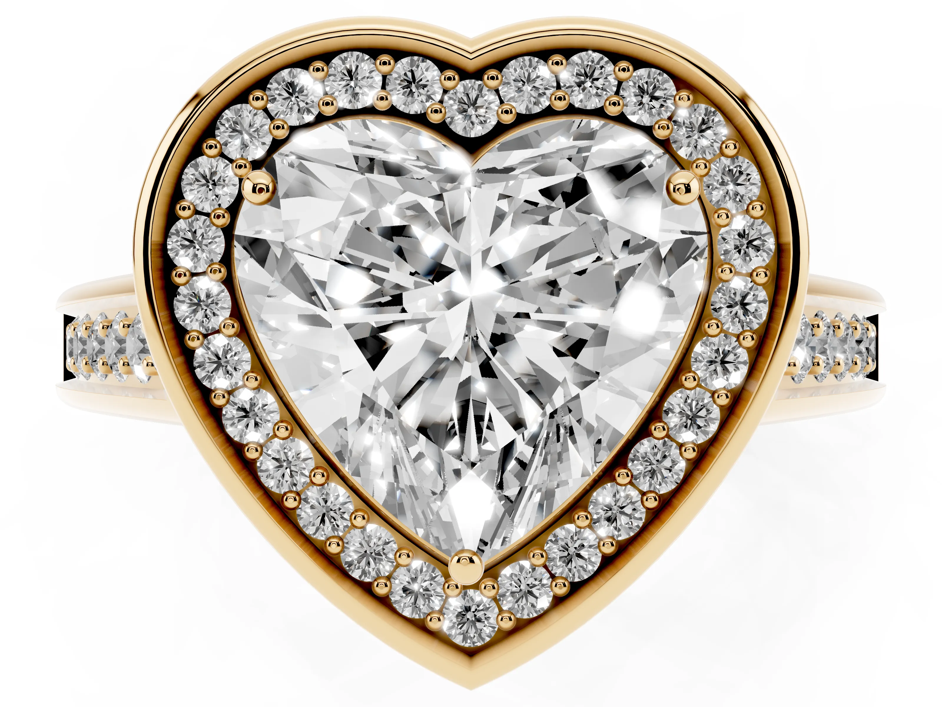 Heart Cut Diamond Halo Solitaire Ring Set in Yellow gold with Pavé Band and Bezel Setting