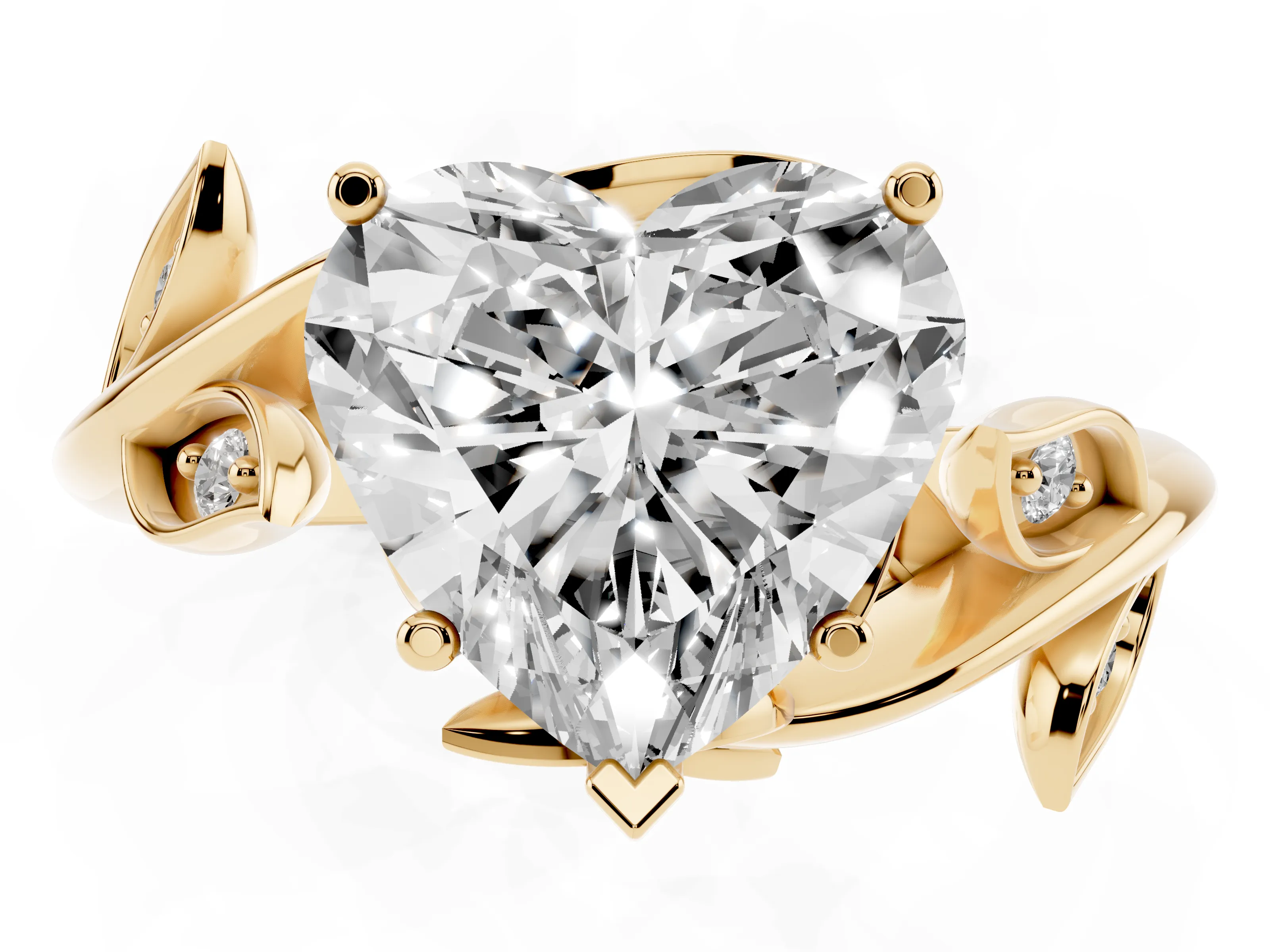 Heart Cut Diamond Solitaire Twist Engagement Ring Set in Yellow gold with Pavé Leaf Accents
