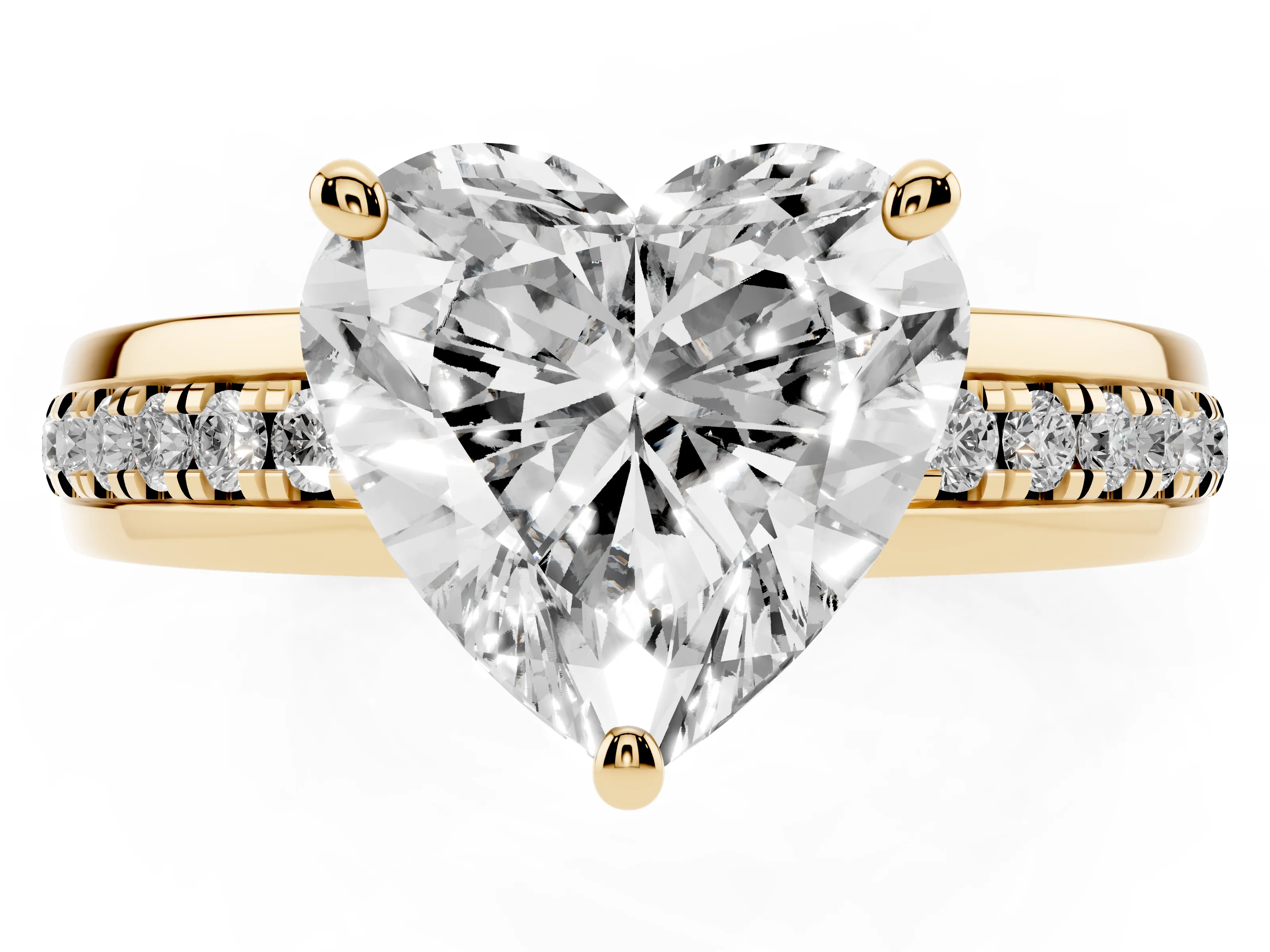 Heart Cut Diamond Solitaire Ring Set in Yellow gold with Channel Set Band and Prong Setting