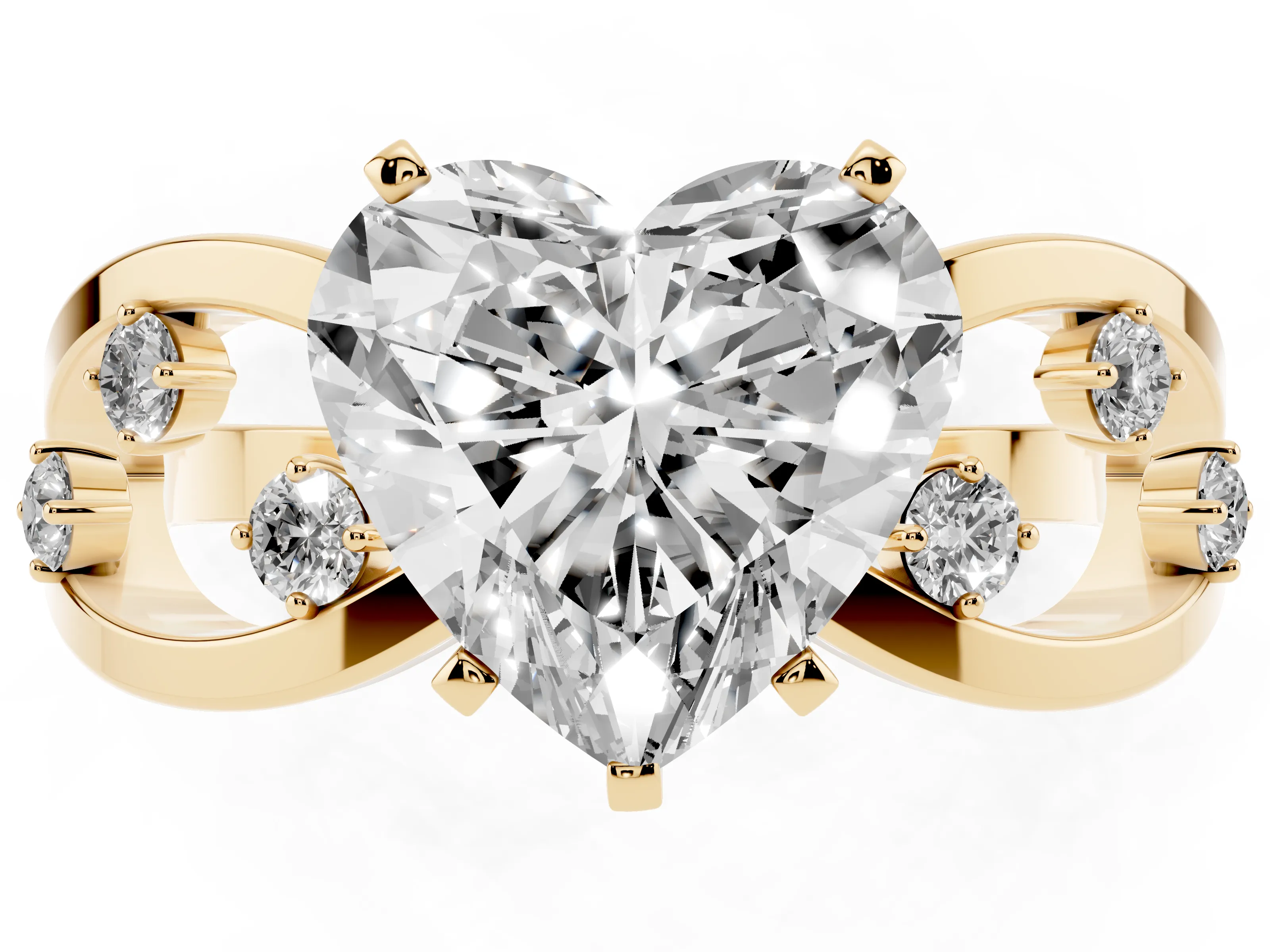 Heart Cut Diamond Solitaire Ring Set in Yellow gold with Side Stones on Criss-Cross Band and Prong Setting