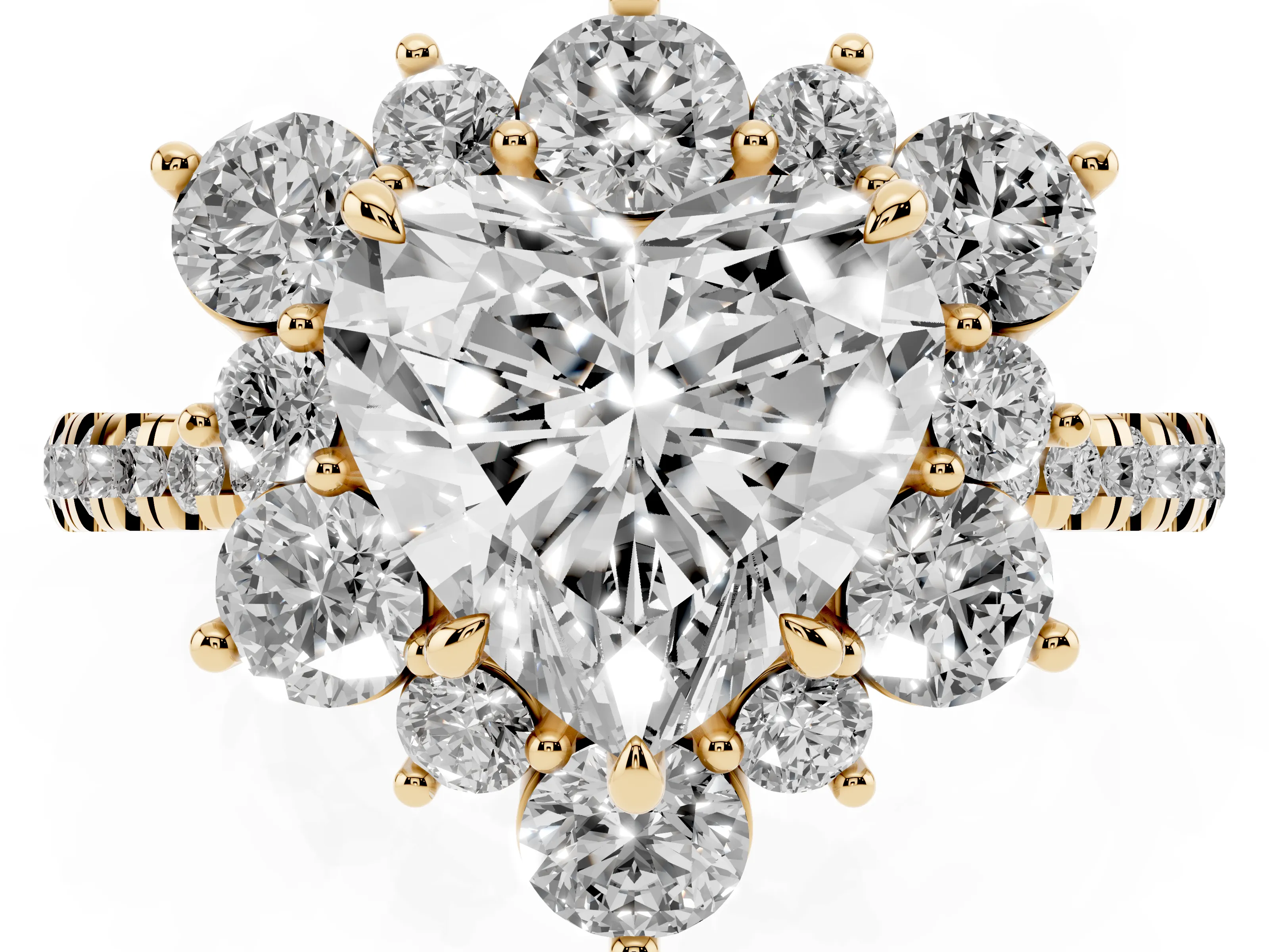 Heart Cut Diamond Floral Halo Ring Set in Yellow gold with Round Pavé Band and Prong Setting