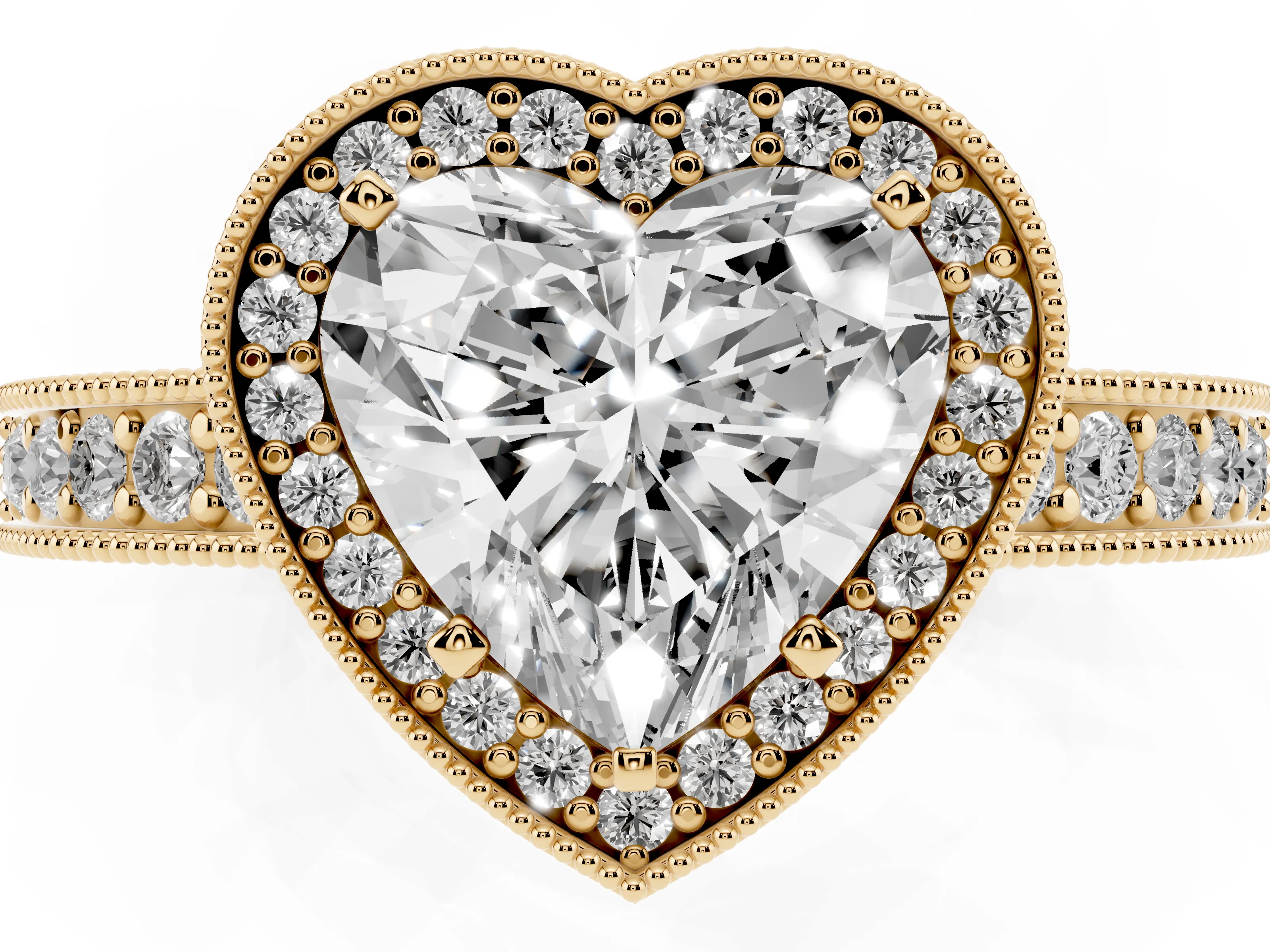 Heart Cut Diamond Halo Pavé Band Ring Set in Yellow gold with Prong-Set Center
