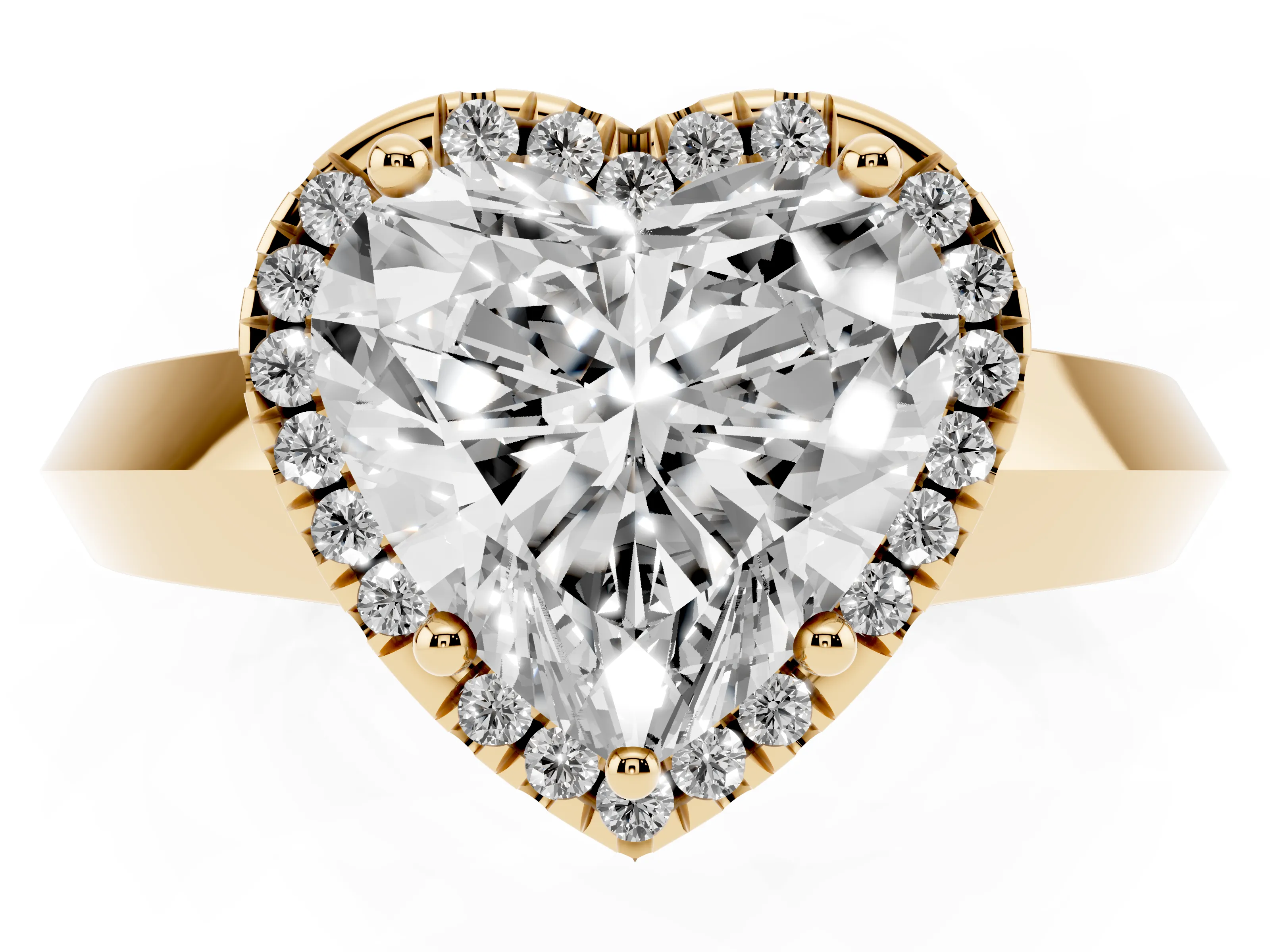 Heart Cut Diamond Halo Ring Set in Yellow gold with Cathedral Band and Prong Setting