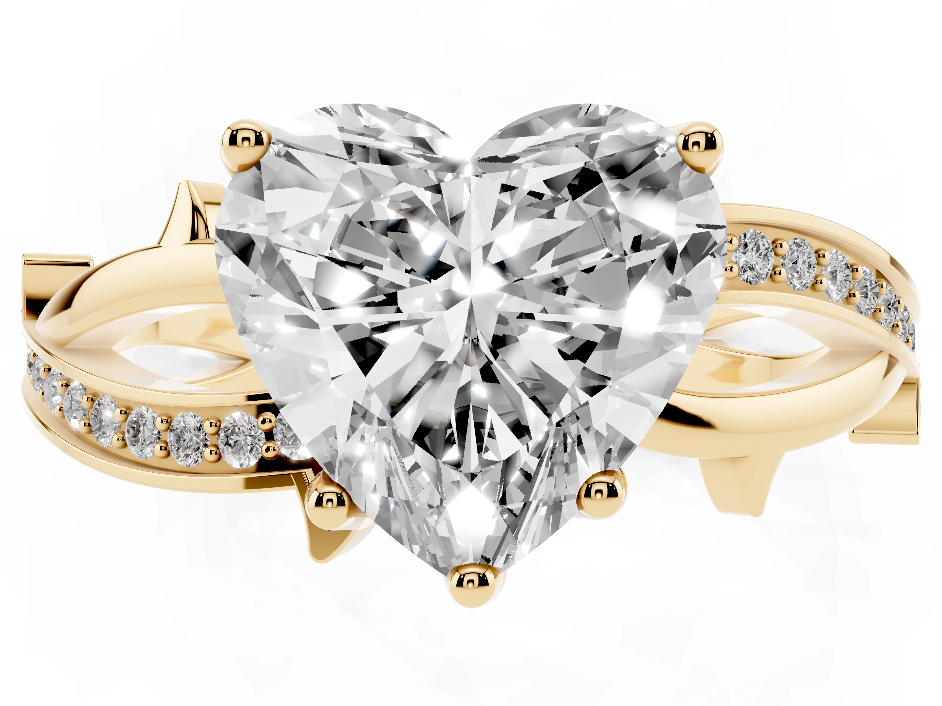 Heart Cut Diamond Pavé Twist Band Solitaire Ring Set in Yellow gold with Prong Setting