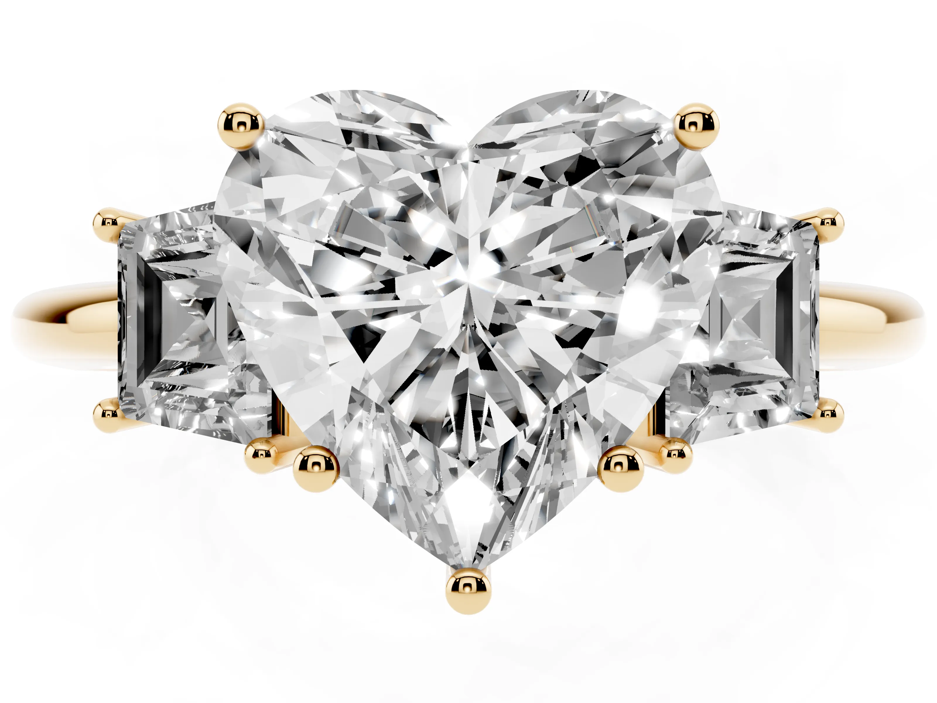 Heart Cut Diamond Three-Stone Ring Set in Yellow gold with Trapezoid Side Stones and Prong Setting