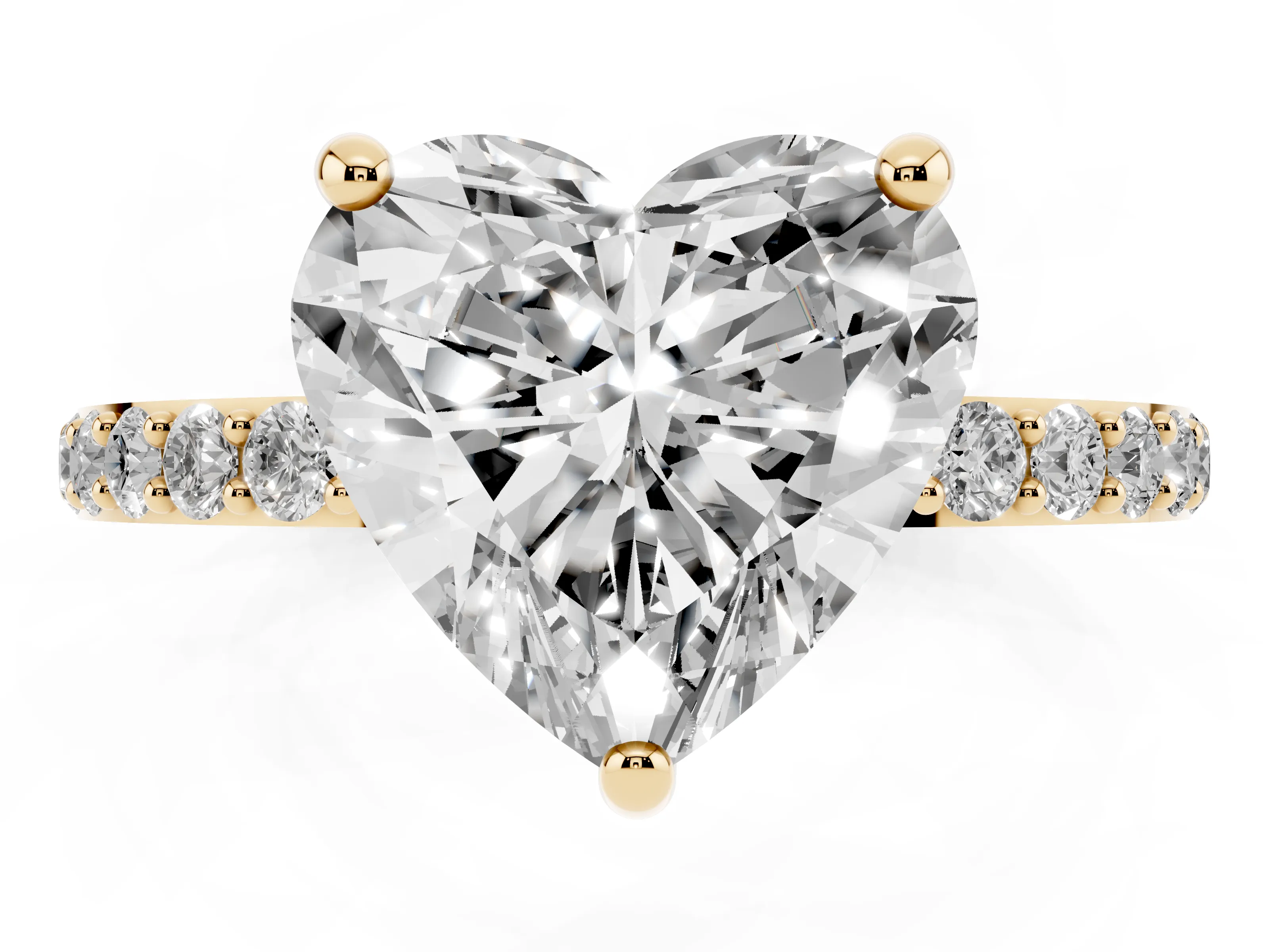 Heart Cut Diamond Solitaire Ring Set in Yellow gold with Round Pavé Band and Prong Setting