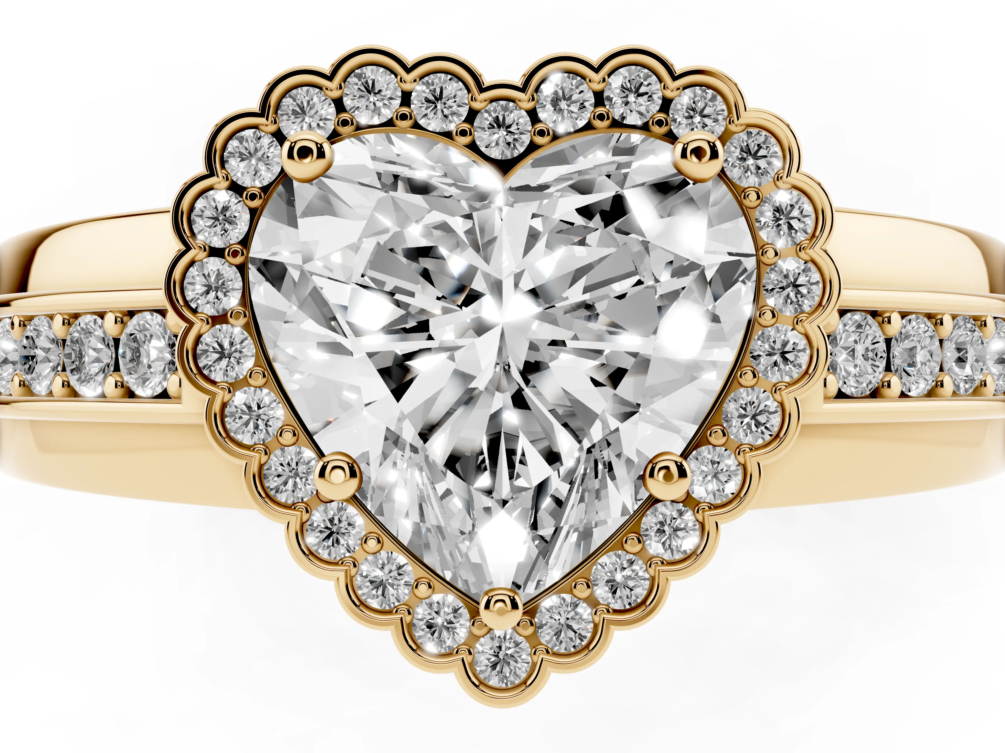 Heart Cut Diamond Halo Prong Ring Set in Yellow gold with Pavé Band