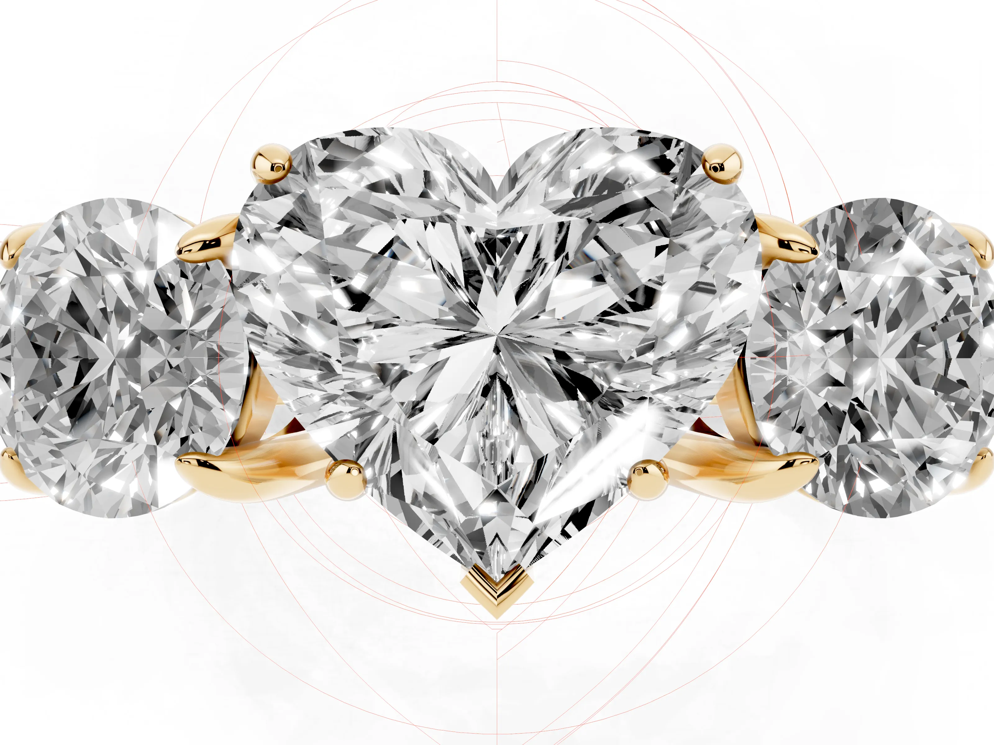 Heart Cut Diamond Three-Stone Ring Set in Yellow gold with Round Accent Stones and Plain Band