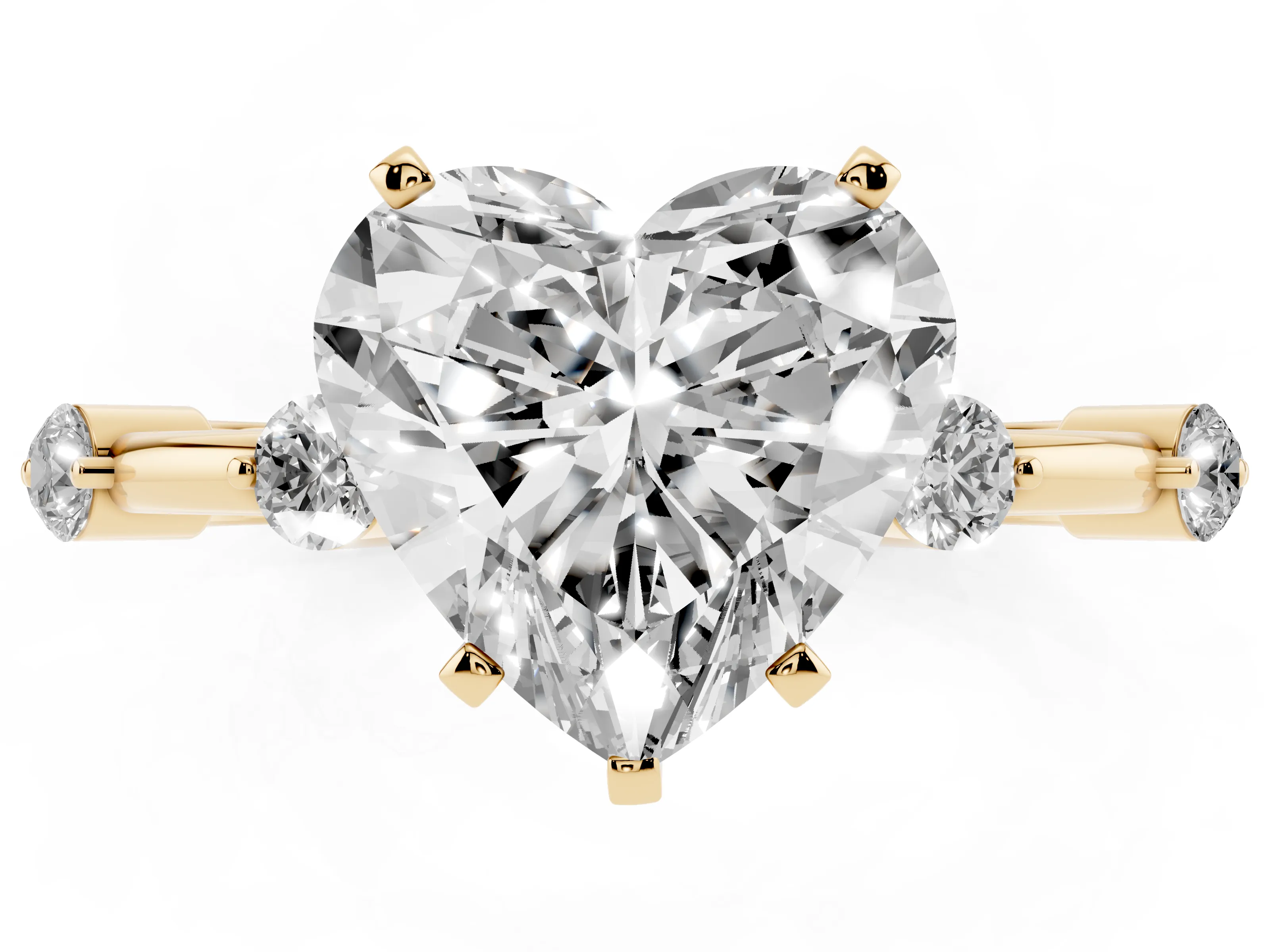 Heart Cut Diamond Solitaire Ring Set in Yellow gold with Bezel Set Side Stones and Prong Setting