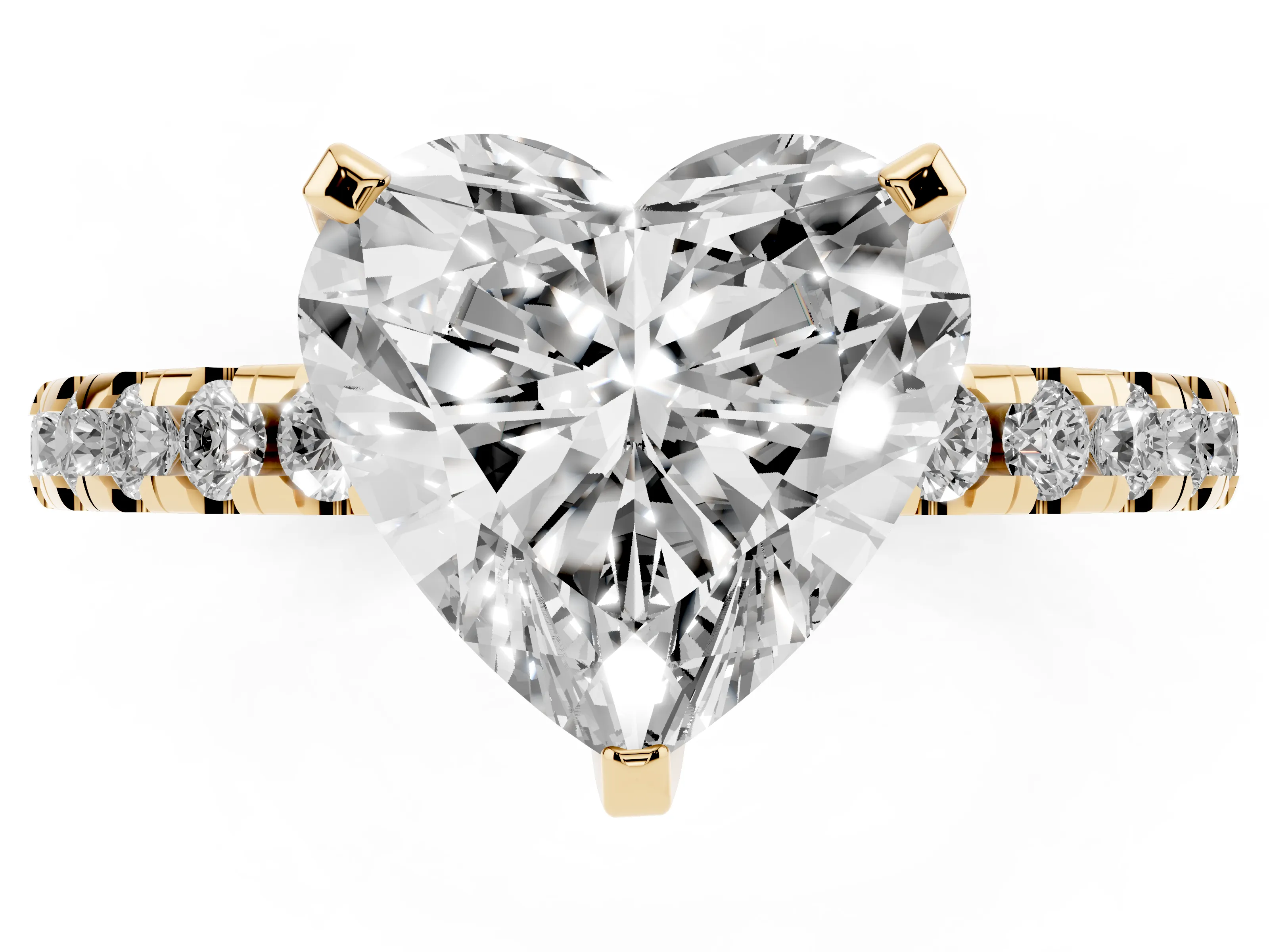 Heart Cut Diamond Pavé Solitaire Ring Set in Yellow gold with Round Band Accents and Prong Setting