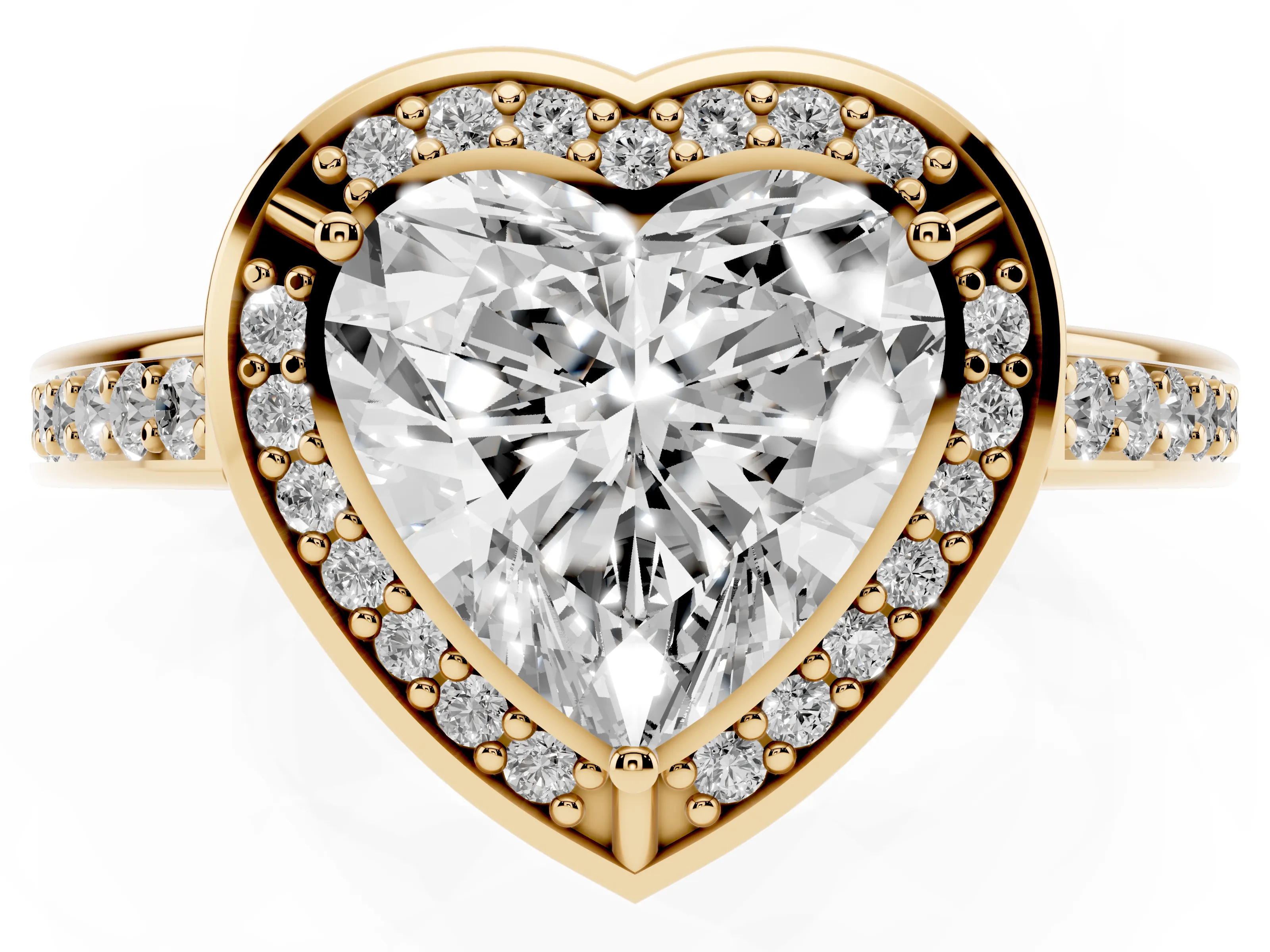 Heart Cut Diamond Halo Pavé Split Shank Ring Set in Yellow gold with Prong Setting