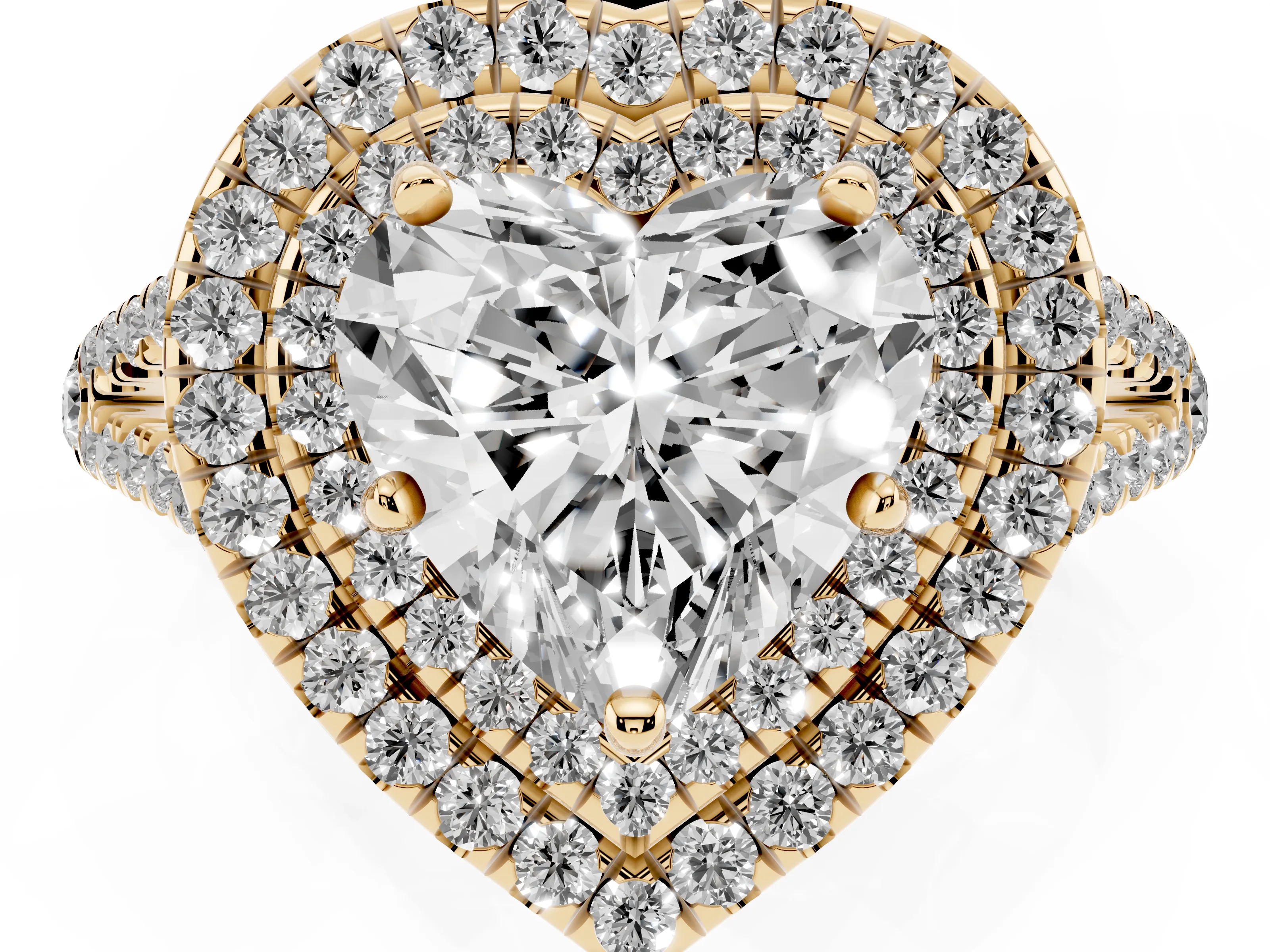 Heart Cut Diamond Double Halo Ring Set in Yellow gold with Pavé Band