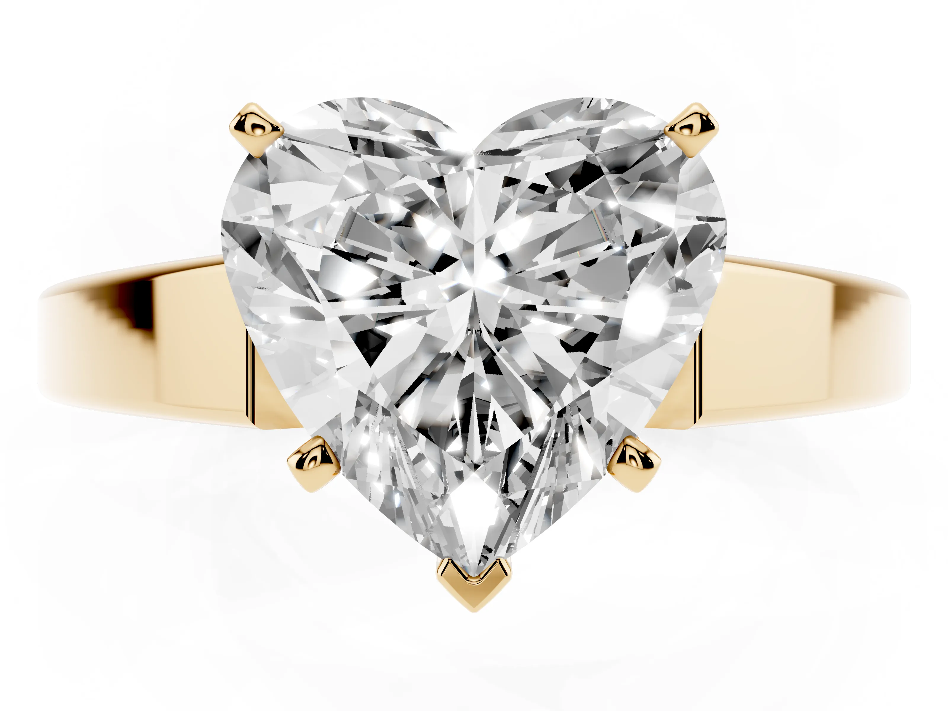 Heart Cut Diamond Solitaire Engagement Ring Set in Yellow gold with Prong Setting and Tapered Band