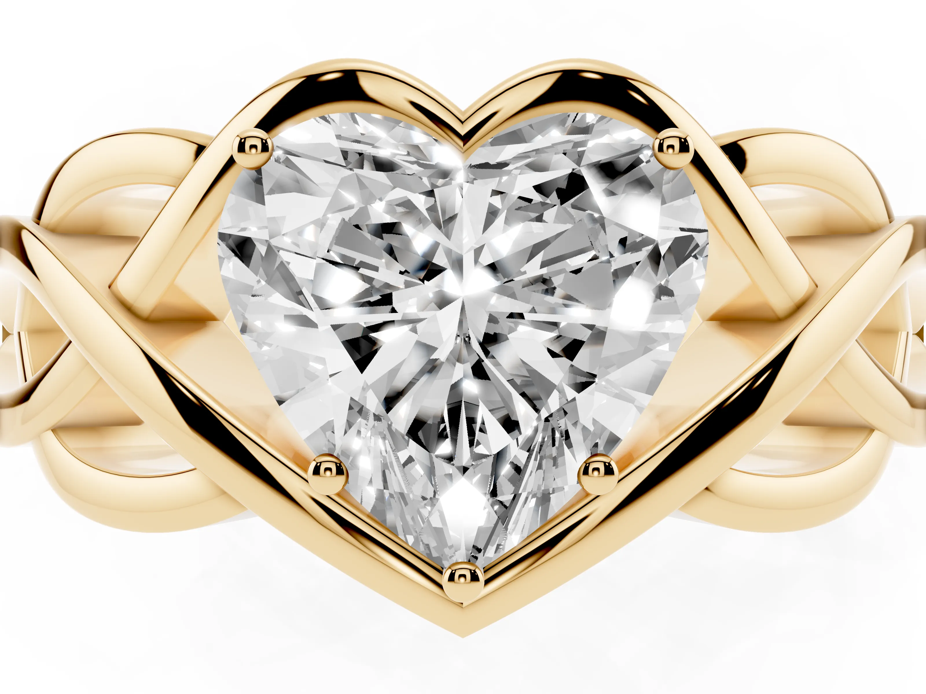 Heart Cut Diamond Solitaire Ring Set in Yellow gold with Intertwined Band