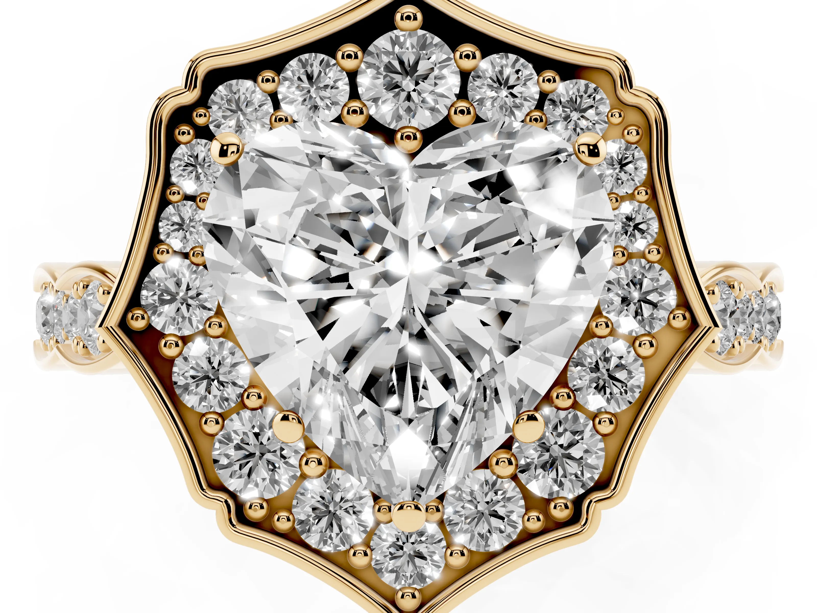 Heart Cut Diamond Halo Engagement Ring Set in Yellow gold with Milgrain Band and Prong Setting