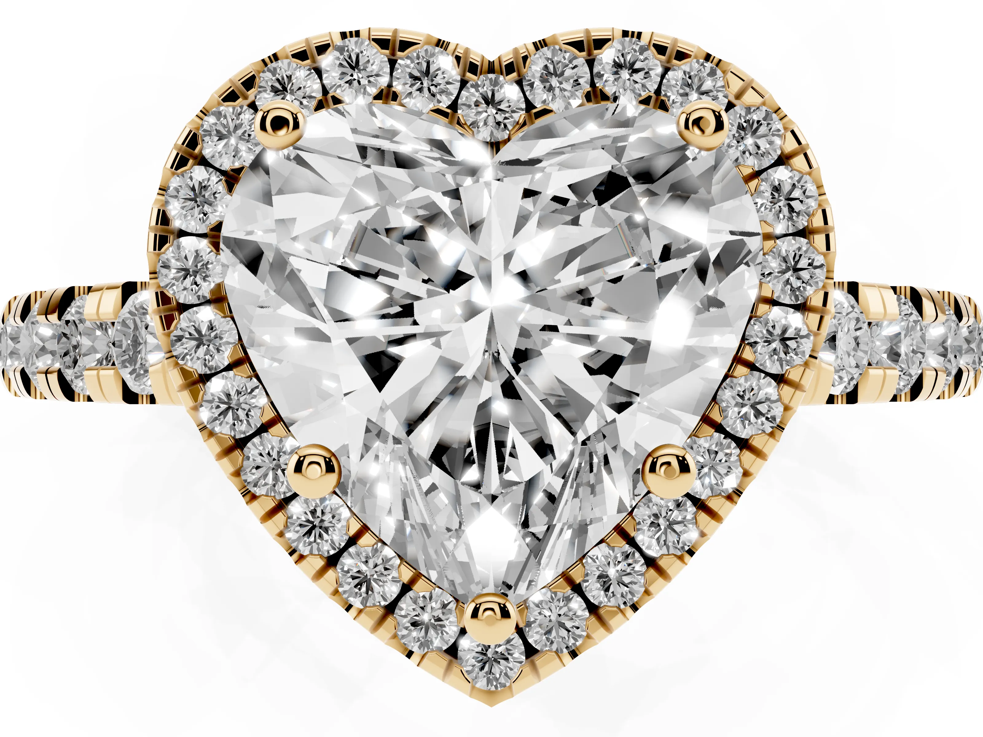 Heart Cut Diamond Halo Ring Set in Yellow gold with Delicate Pavé Band and Prong Setting