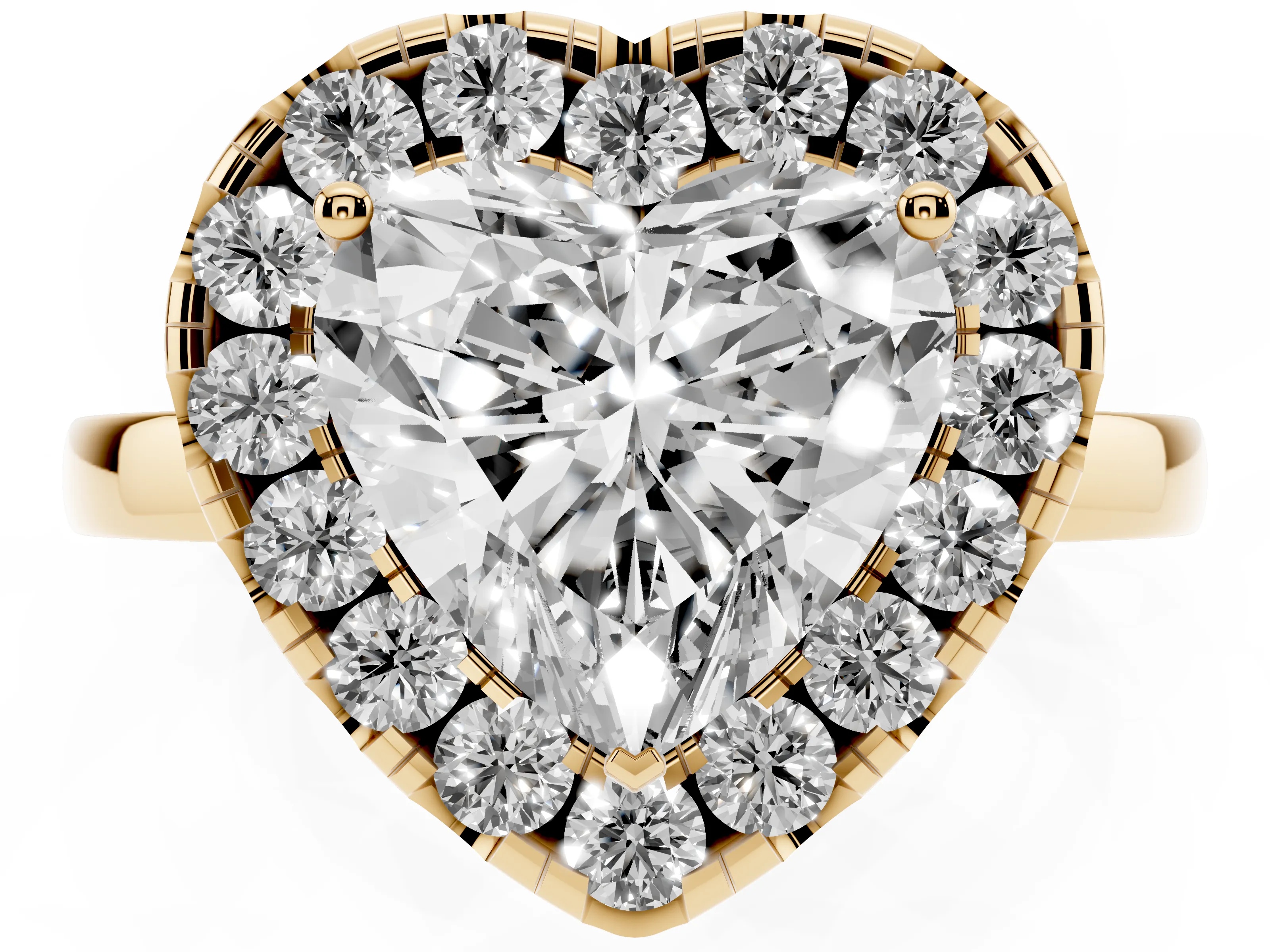 Heart Cut Diamond Halo Solitaire Ring Set in Yellow gold with Pavé Band and Prong Setting