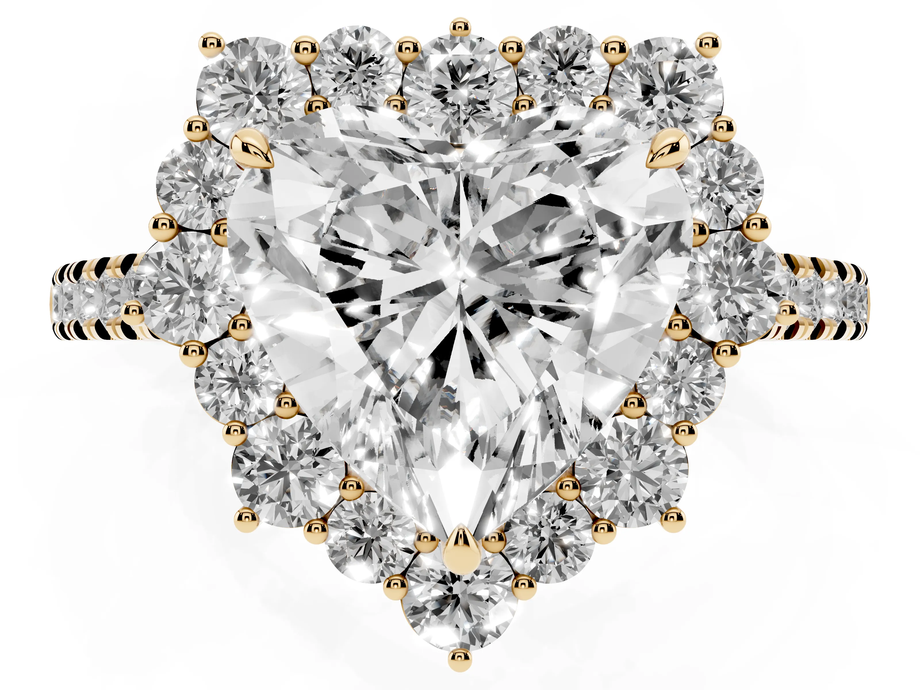 Heart Cut Diamond Halo Ring Set in Yellow gold with Pavé Band and Prong Setting