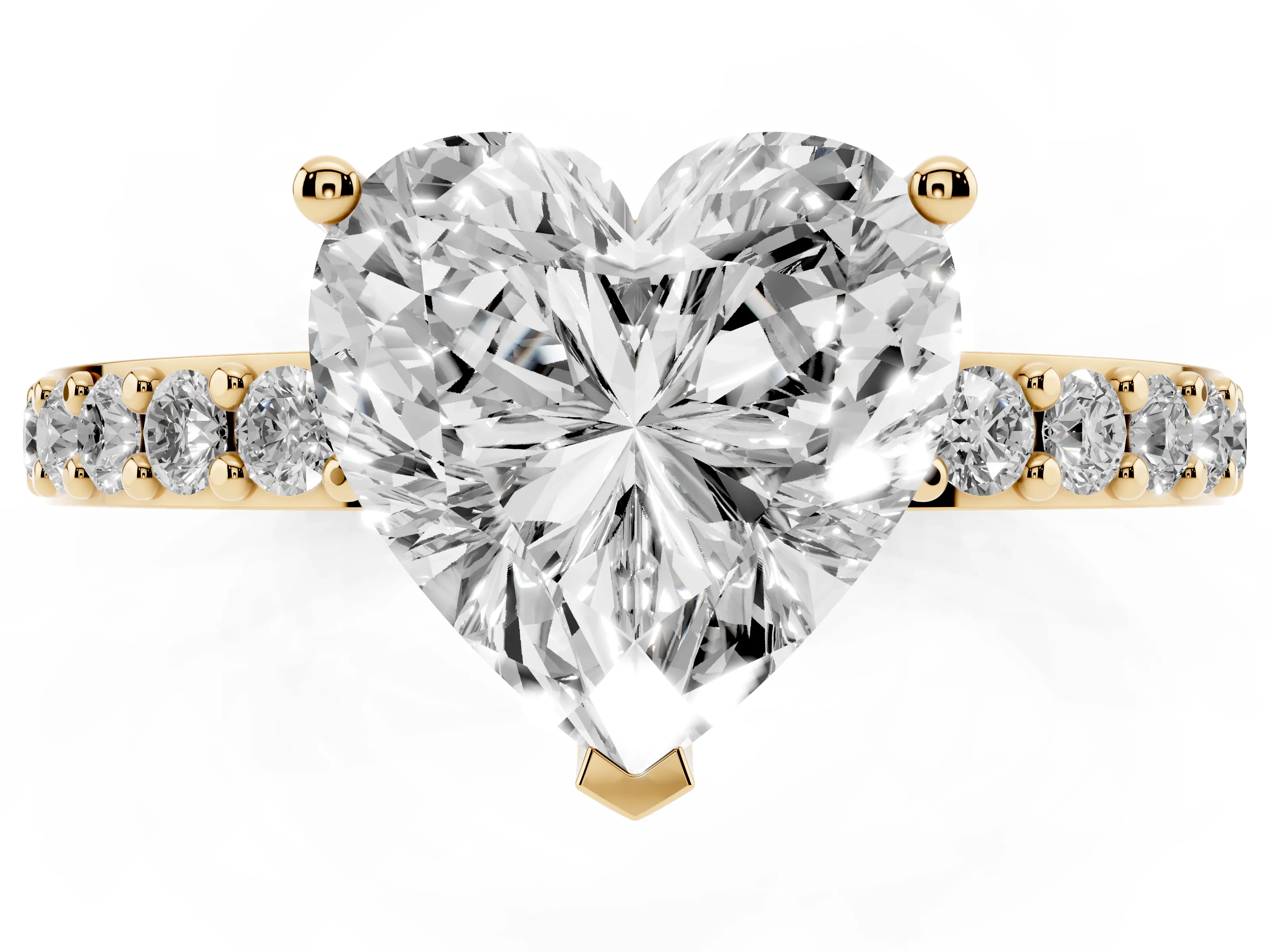 Heart Cut Diamond Solitaire Set in Yellow gold with Round Pavé Band and Prong Setting