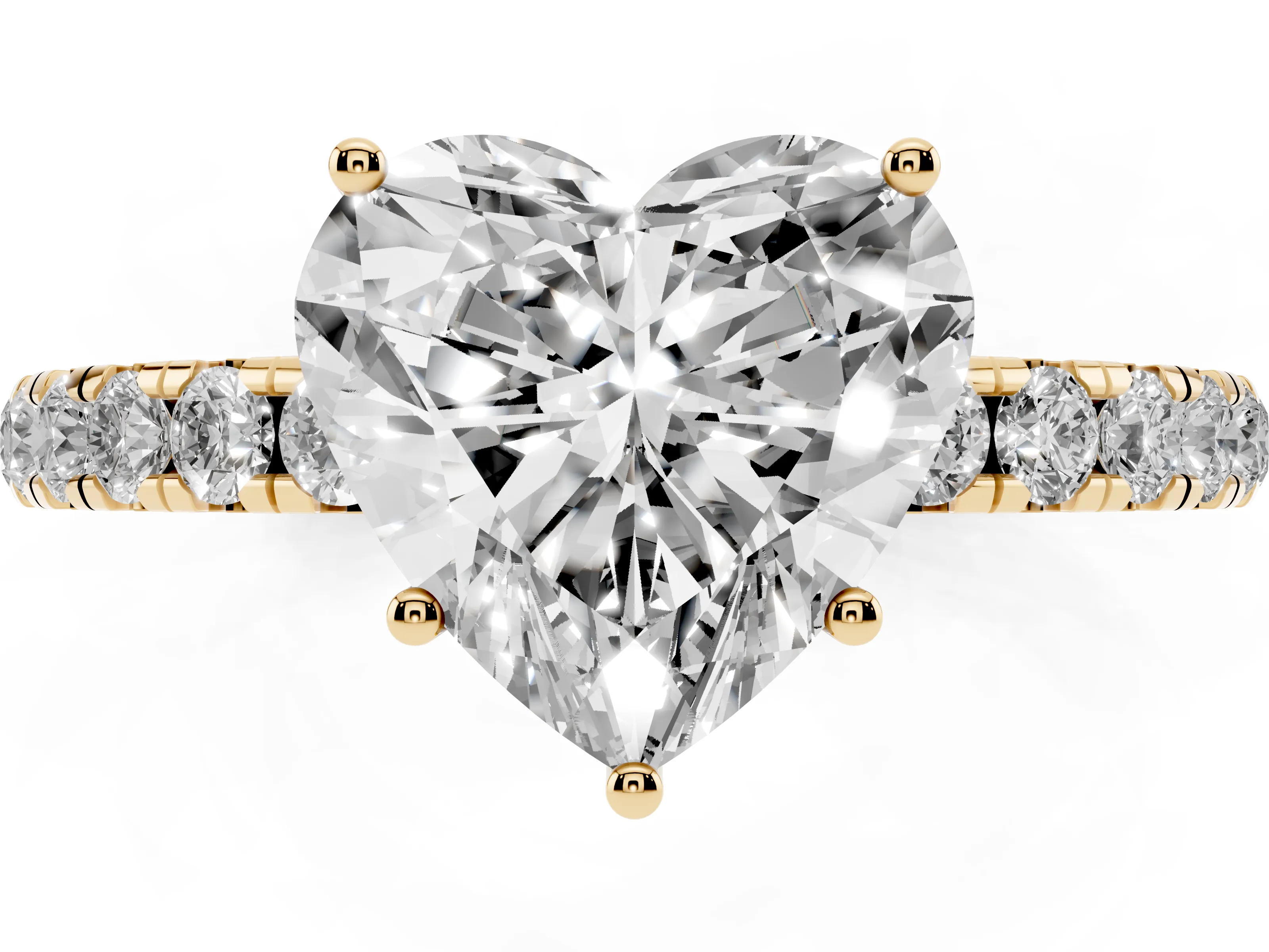 Heart Cut Diamond Pavé Solitaire Engagement Ring Set in Yellow gold with Prong Setting