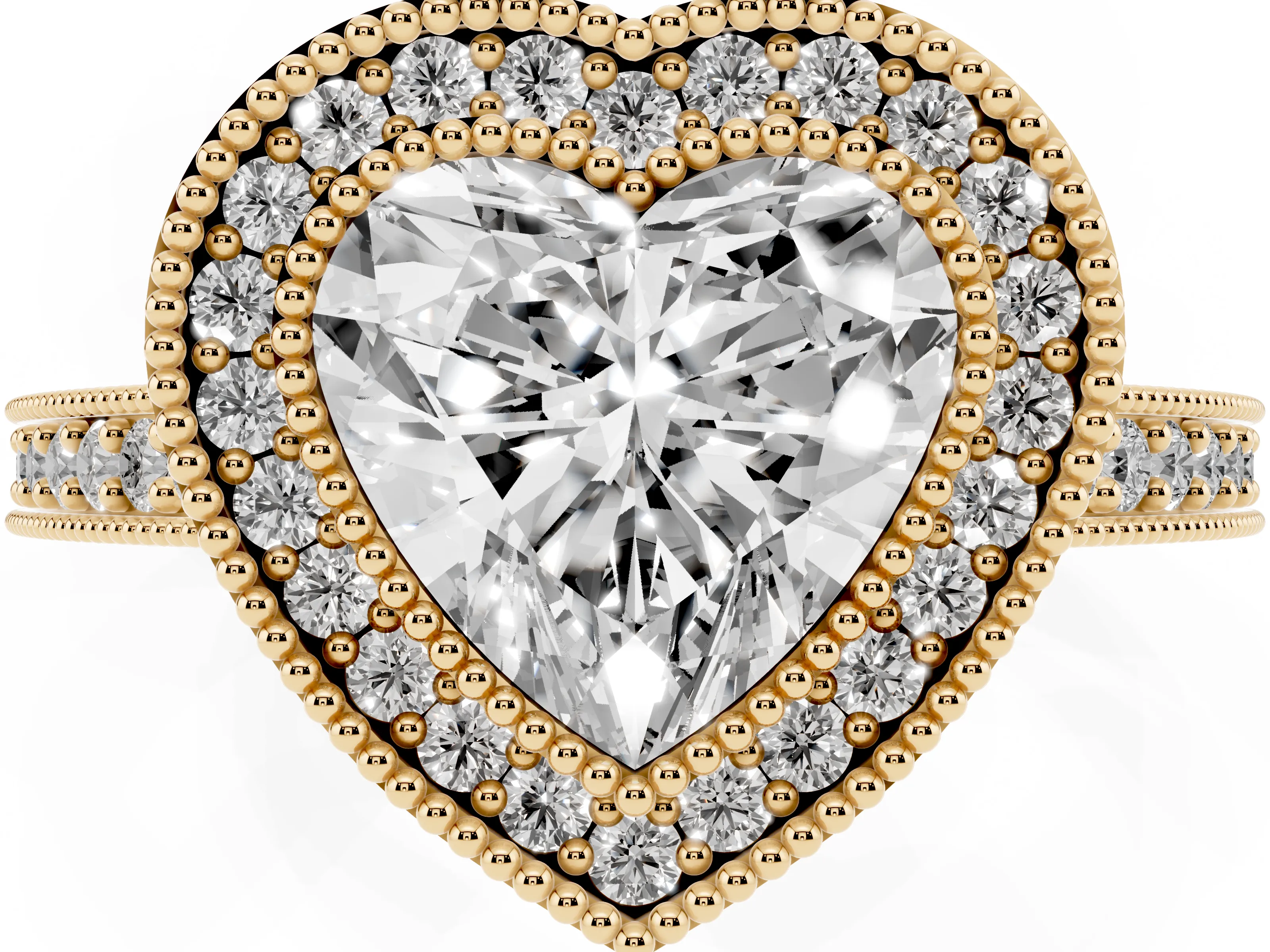 Heart Cut Diamond Halo Engagement Ring Set in Yellow gold with Pavé Band and Round Halo Stones