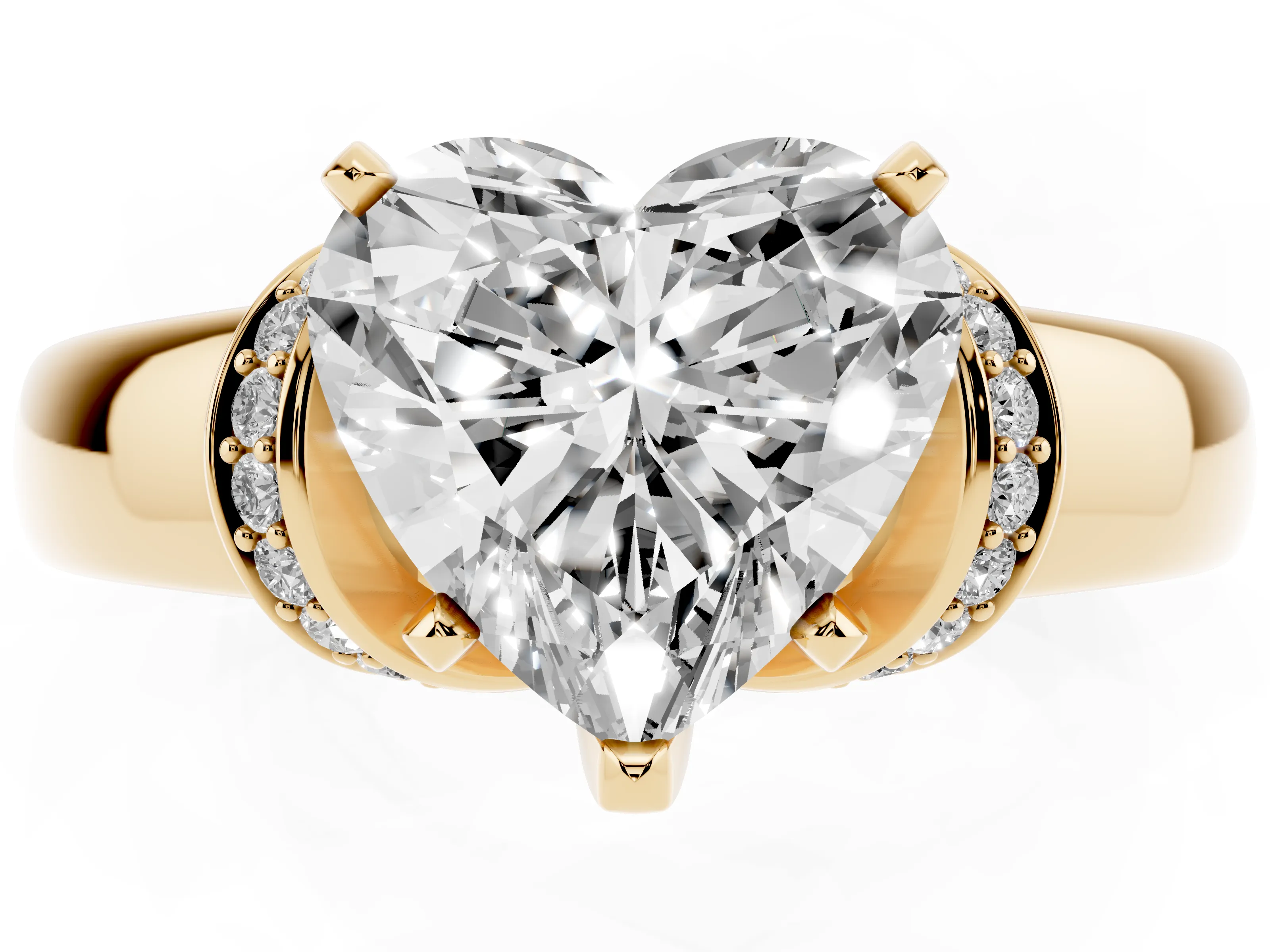 Heart Cut Diamond Pavé Band Solitaire Ring Set in Yellow gold with Prong Setting