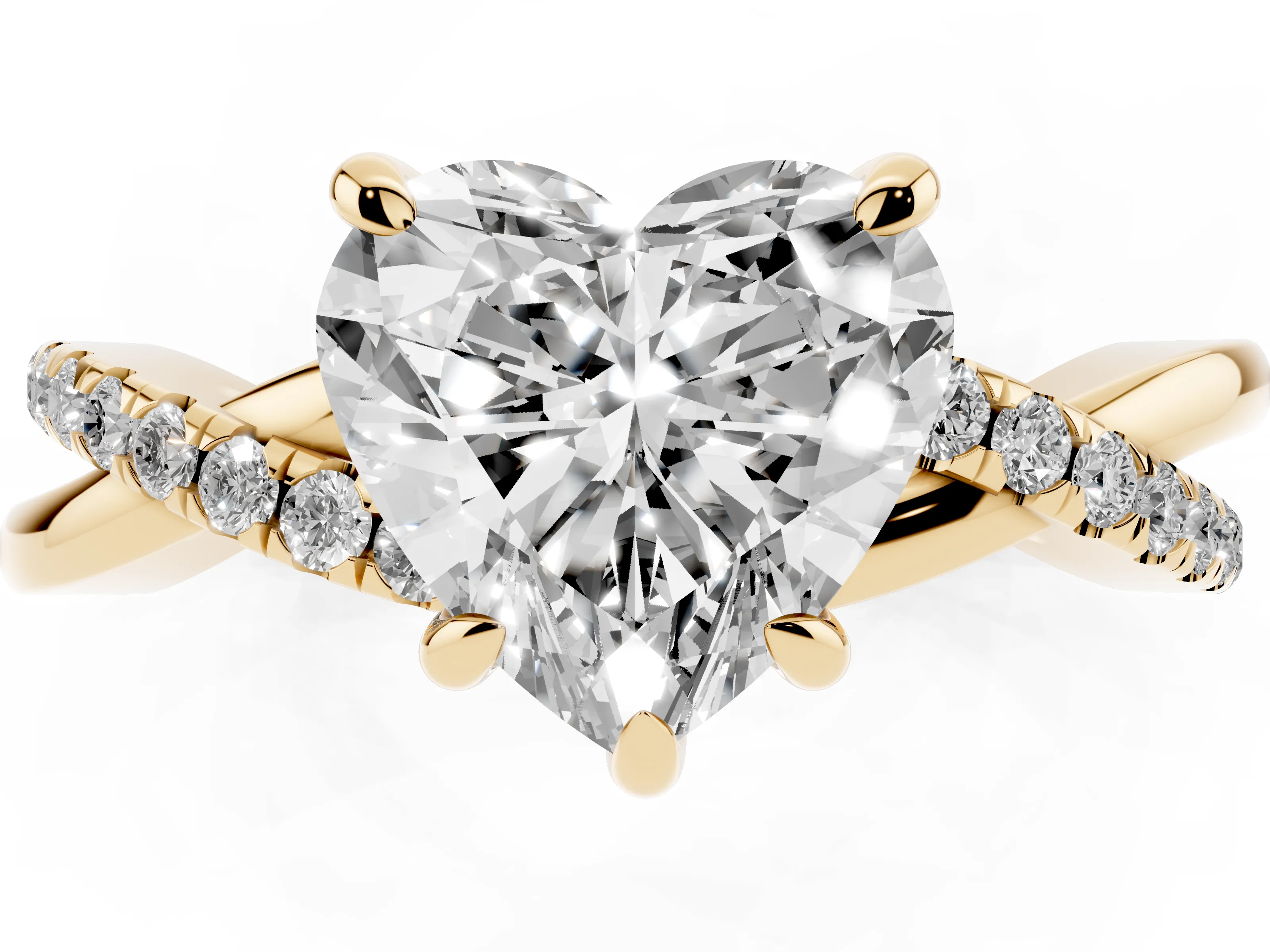 Heart Cut Diamond Twist Band Solitaire Set in Yellow gold with Pavé Accents and Prong Setting