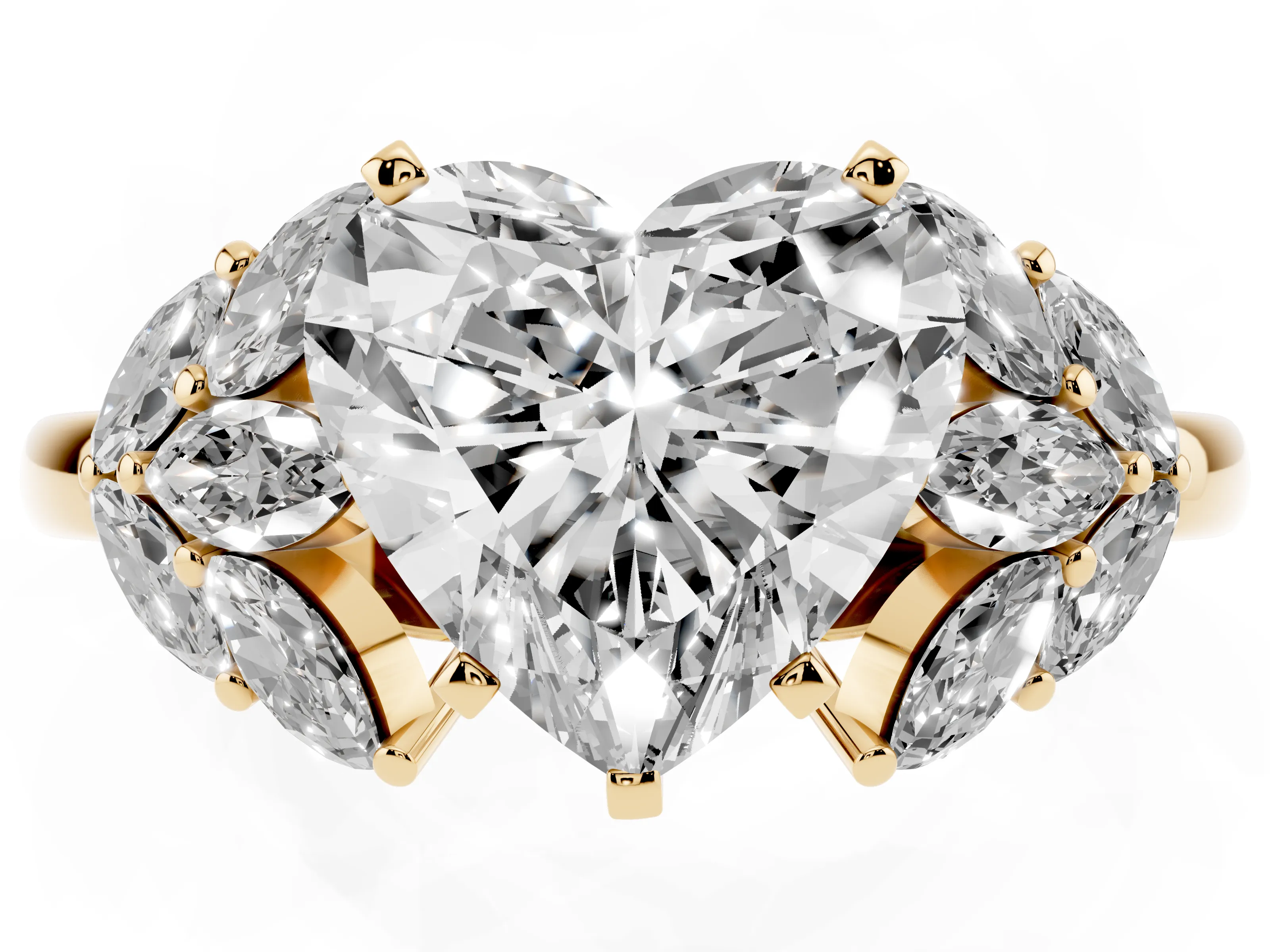 Heart Cut Diamond Cluster Leaf Design Ring Set in Yellow gold with Prong Setting