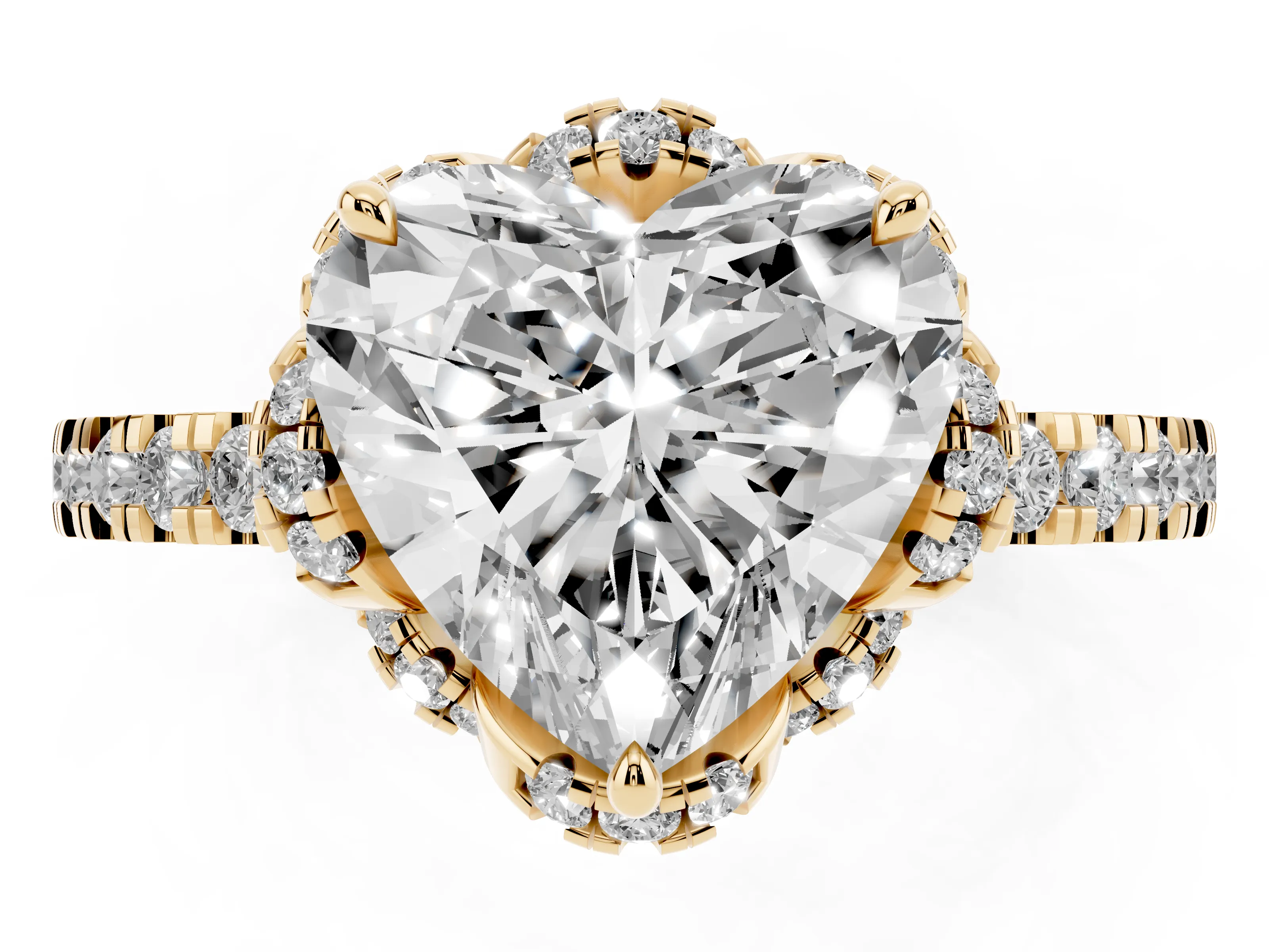 Heart Cut Diamond Halo Pavé Band Ring Set in Yellow gold with Prong-Held Center