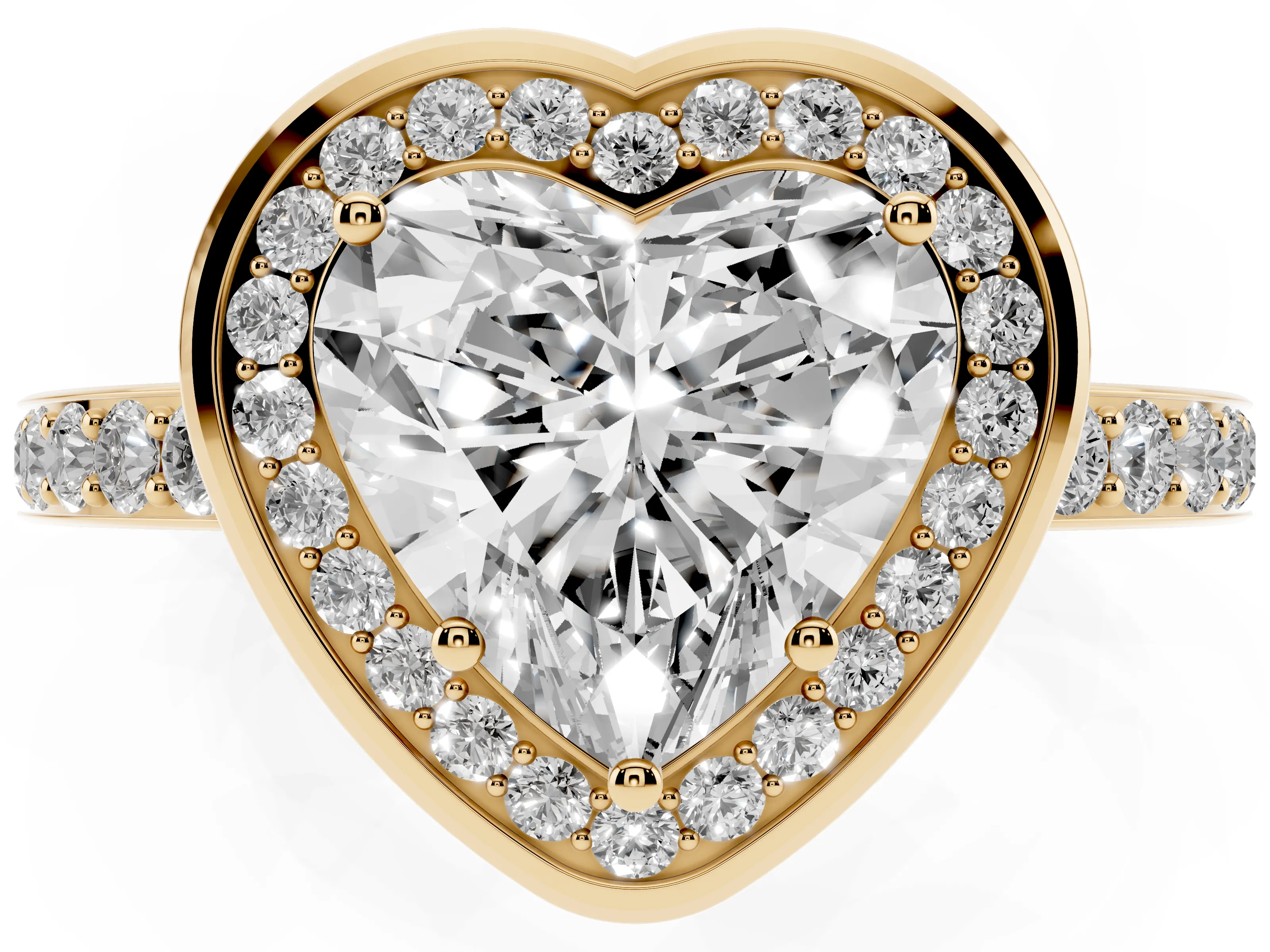 Heart Cut Diamond Halo Ring Set in Yellow gold with Bezel Frame and Pavé Band