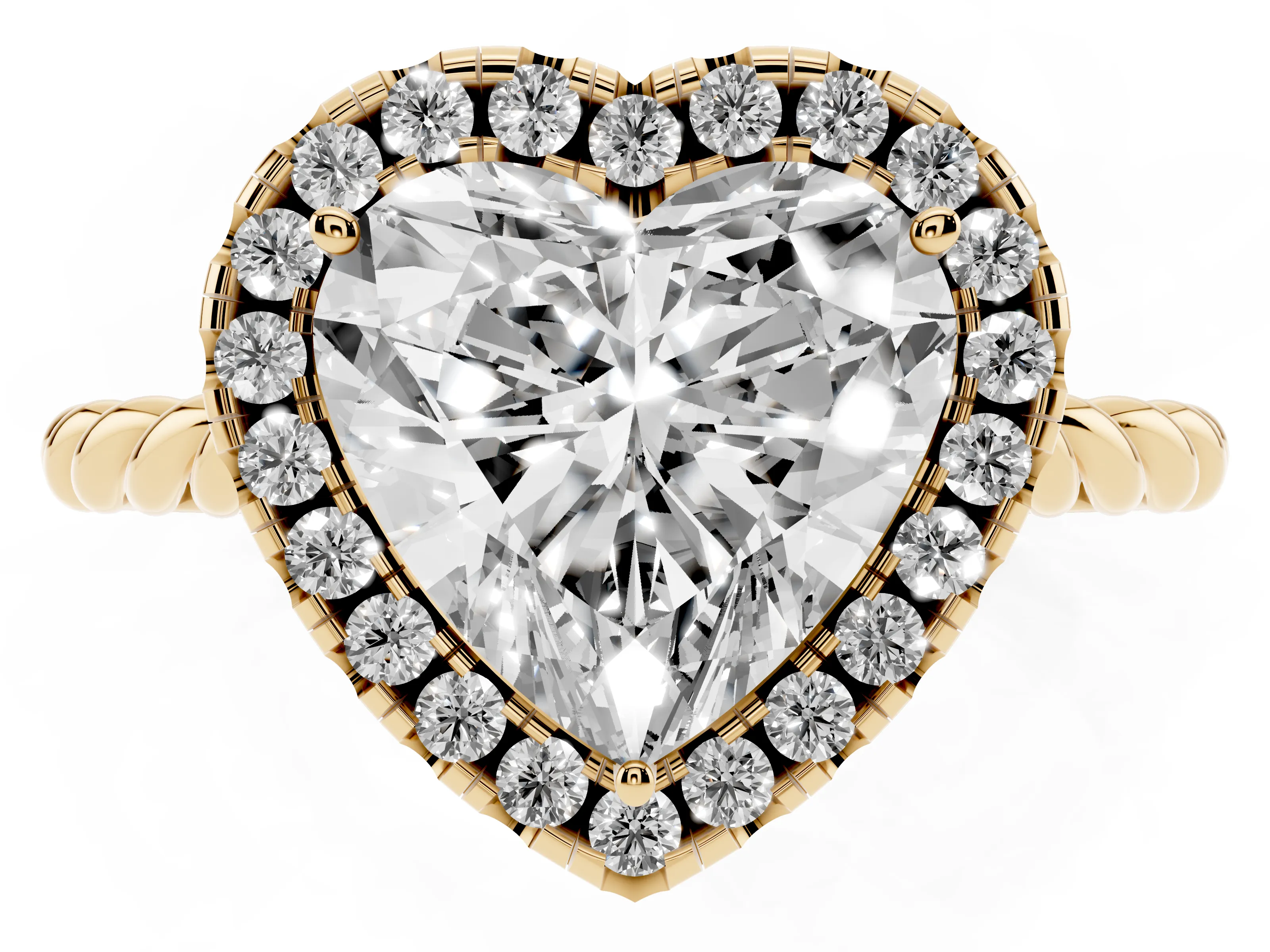 Heart Cut Diamond Halo Ring Set in Yellow gold with Plain Twisted Band