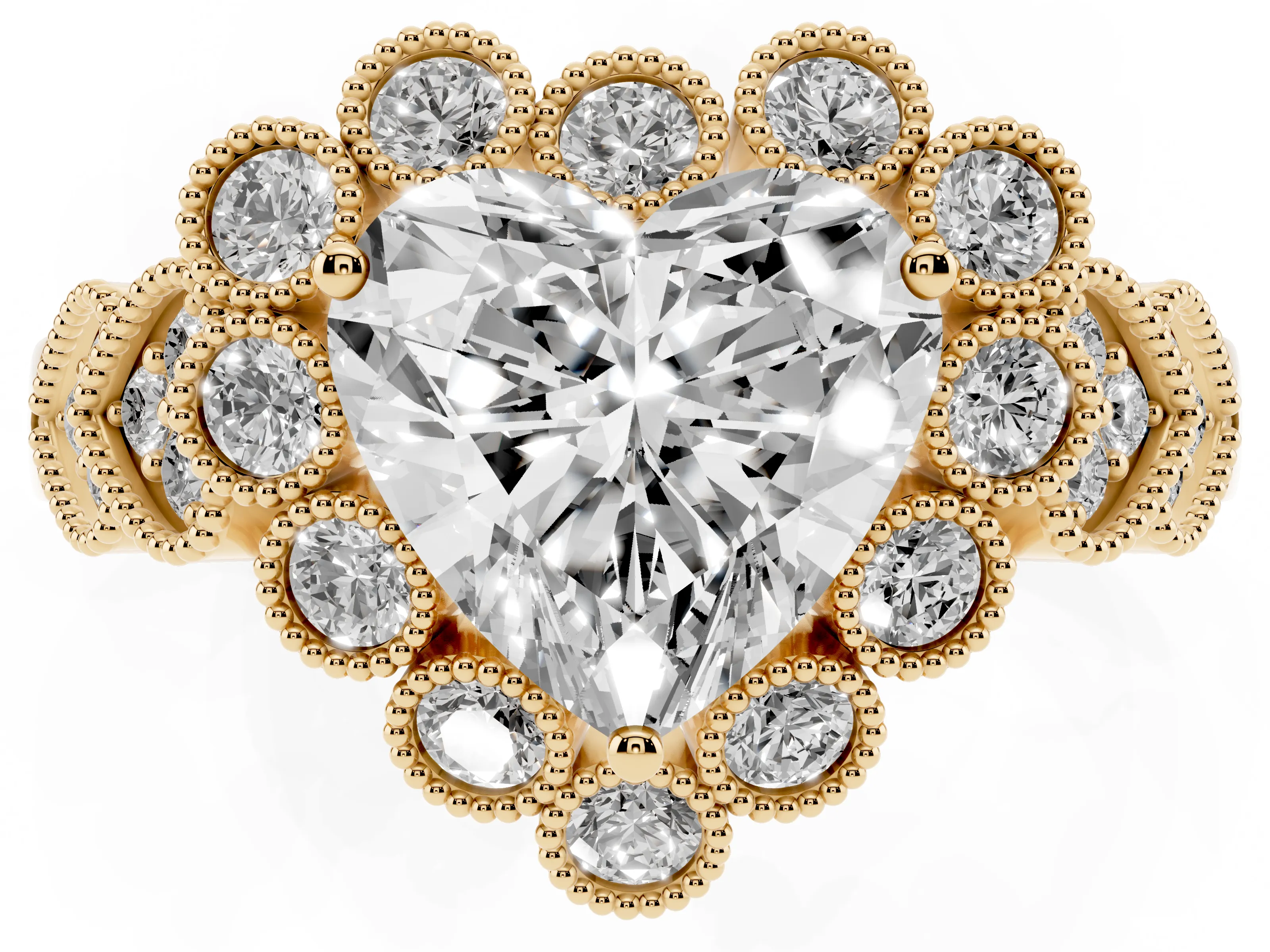Heart Cut Diamond Solitaire Ring Set in Yellow gold with Milgrain Pavé Heart Band