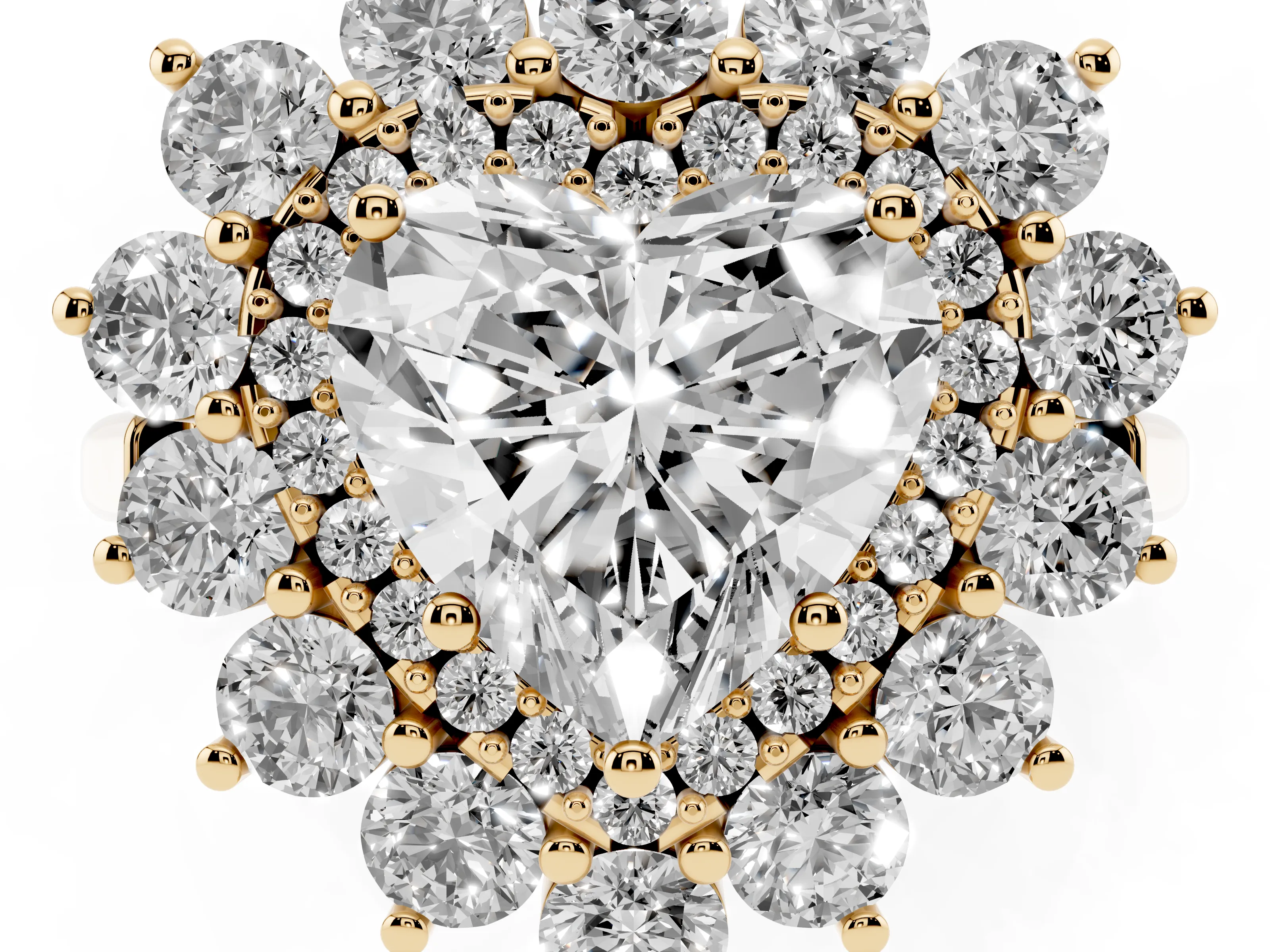 Heart Cut Diamond Floral Double Halo Ring Set in Yellow gold with Round Petals