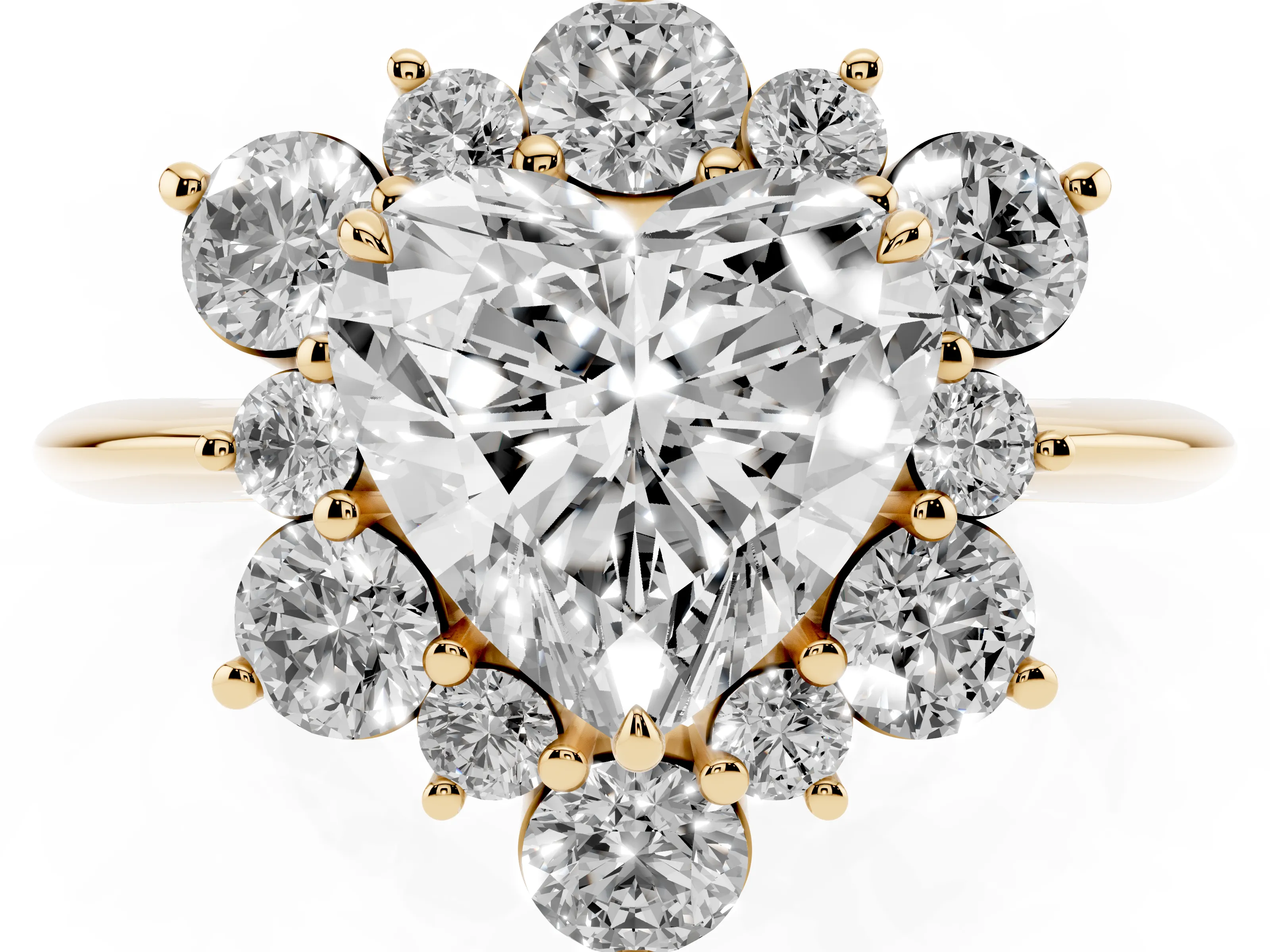Heart Cut Diamond Cluster Halo Ring Set in Yellow gold with Solitaire Band and Prong Setting