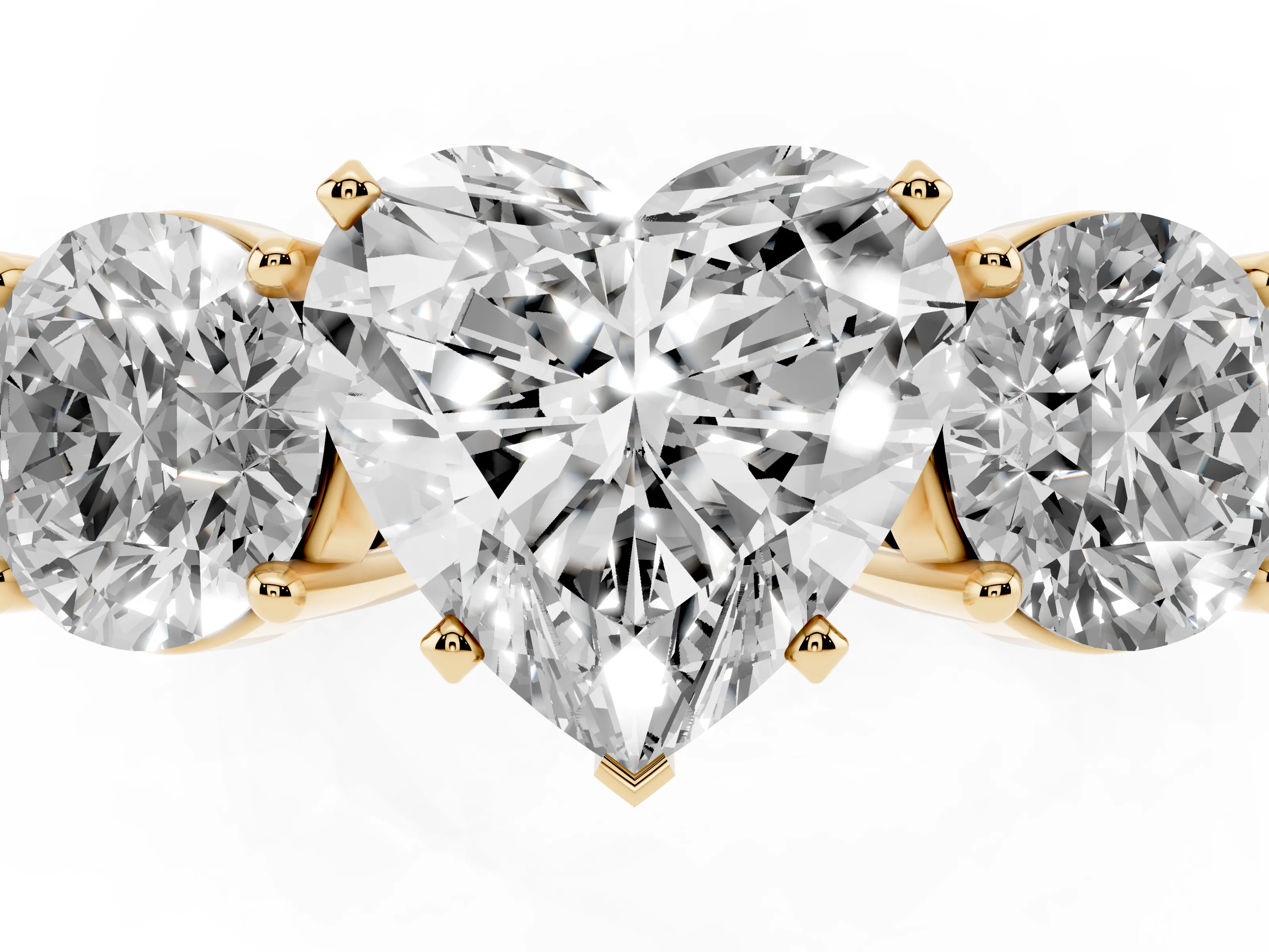 Heart Cut Diamond Three-Stone Ring Set in Yellow gold with Round Side Stones and Classic Band