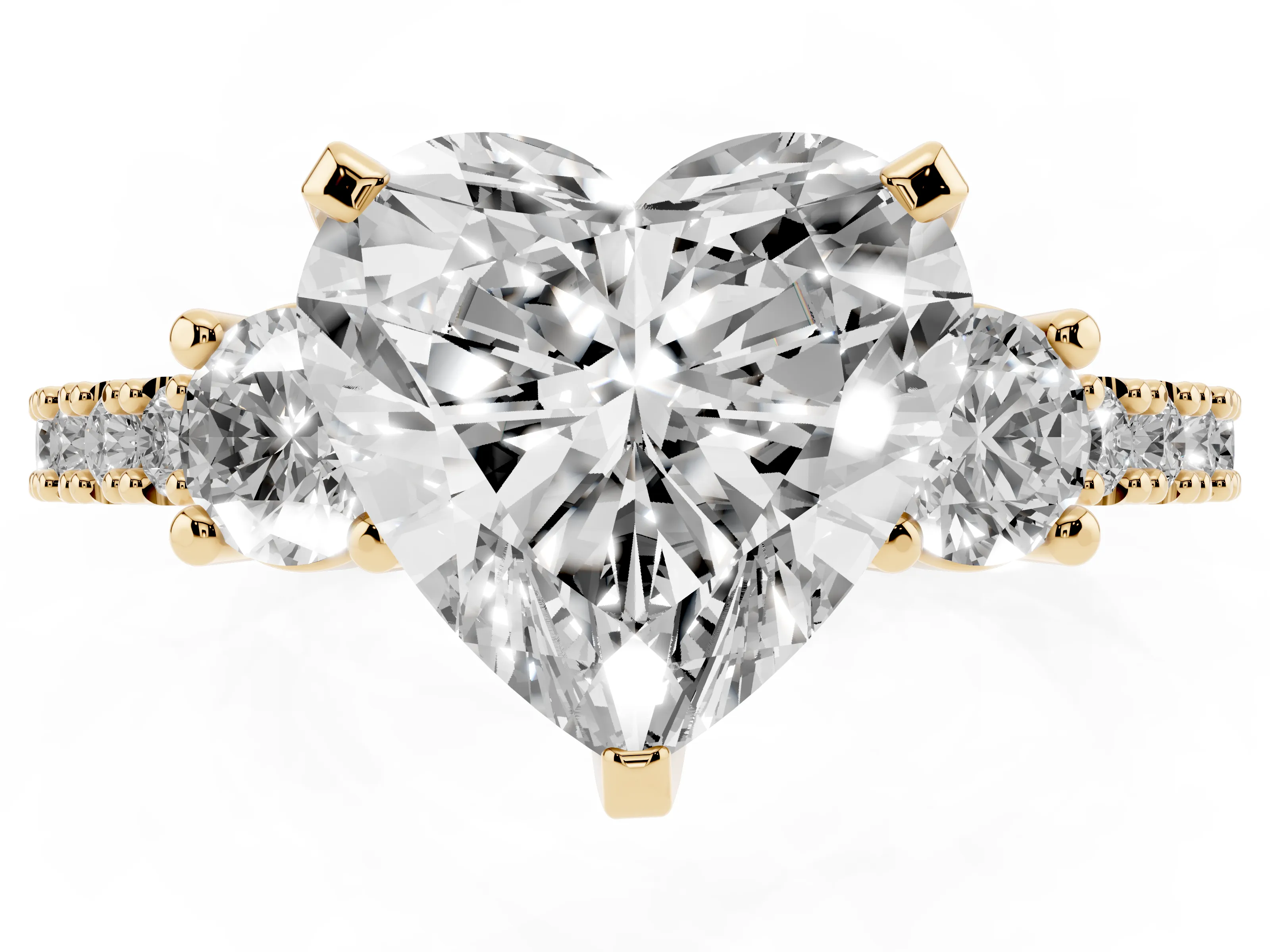 Three-Stone Heart Cut Diamond Pavé Band Ring Set in Yellow gold with Prong Setting