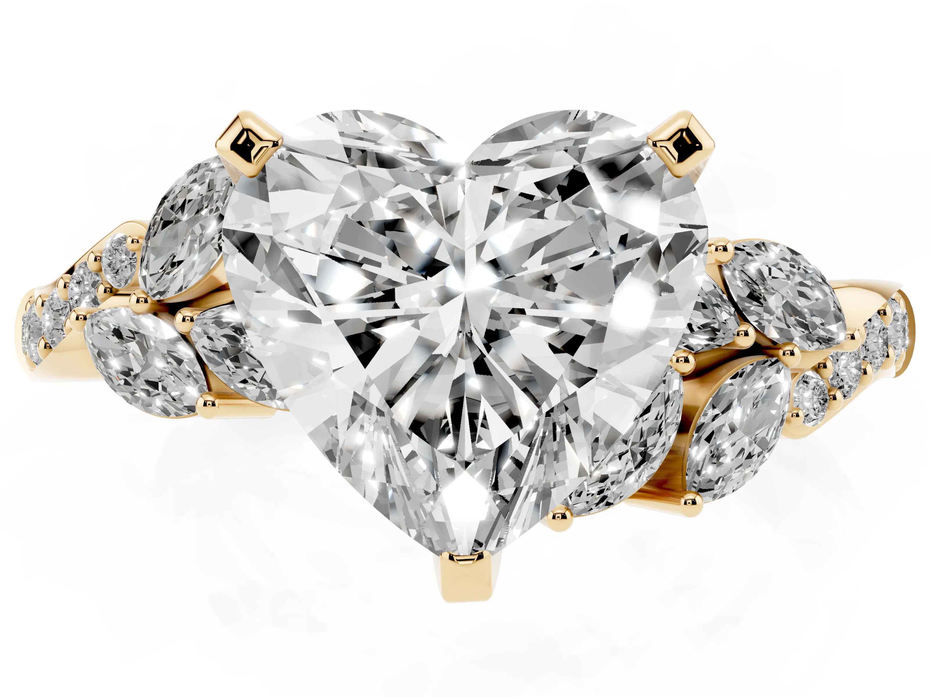 Heart Cut Diamond Solitaire Ring Set in Yellow gold with Marquise Twist Band and Prong Setting