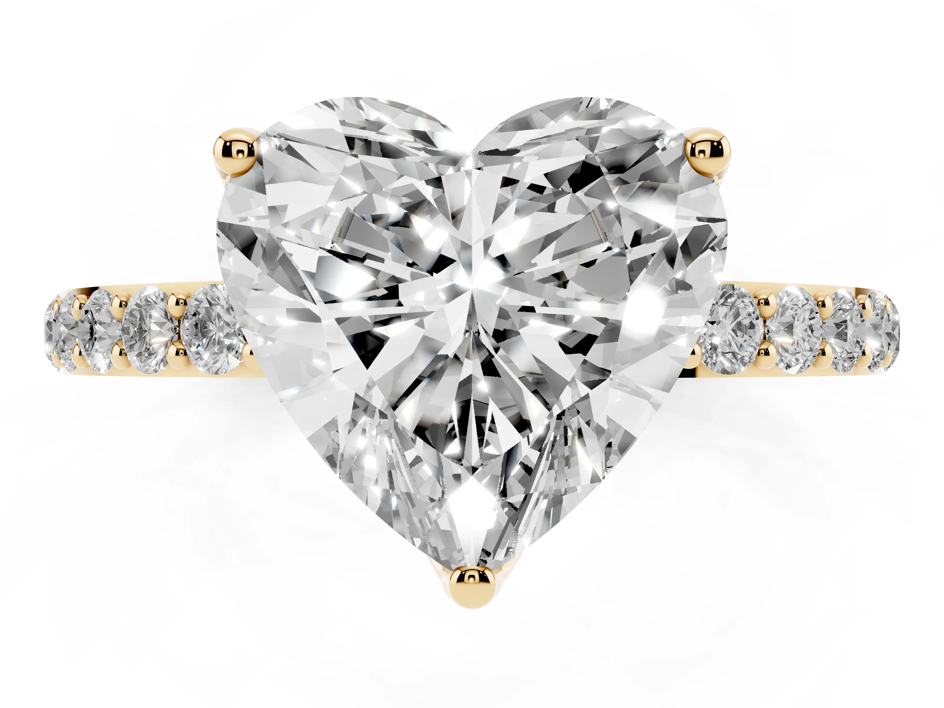 Heart Cut Diamond Solitaire Engagement Ring Set in Yellow gold with Round Pavé Band and Prong Setting