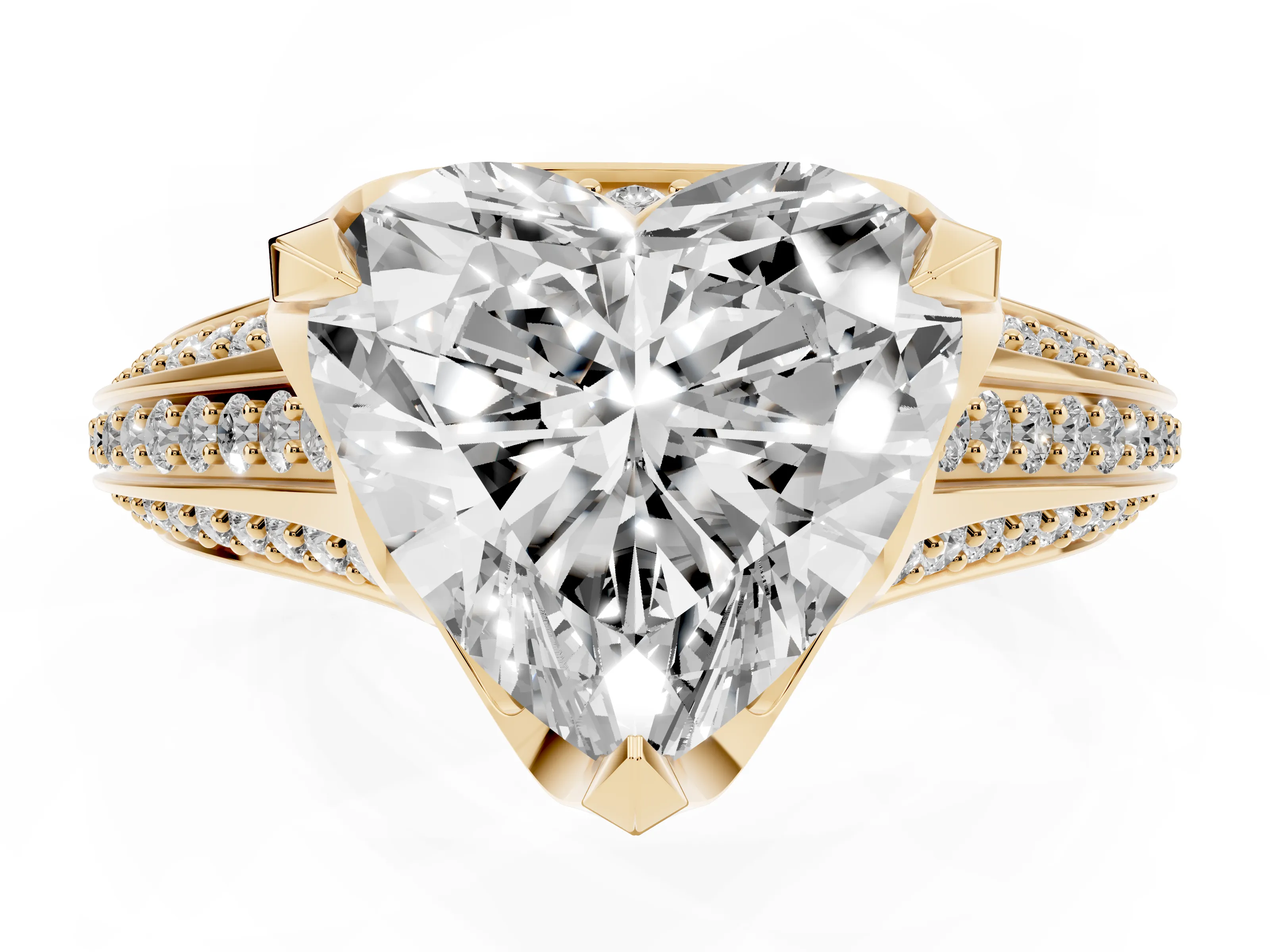 Heart Cut Diamond Pavé Split Shank Solitaire Ring Set in Yellow gold with Prong Setting