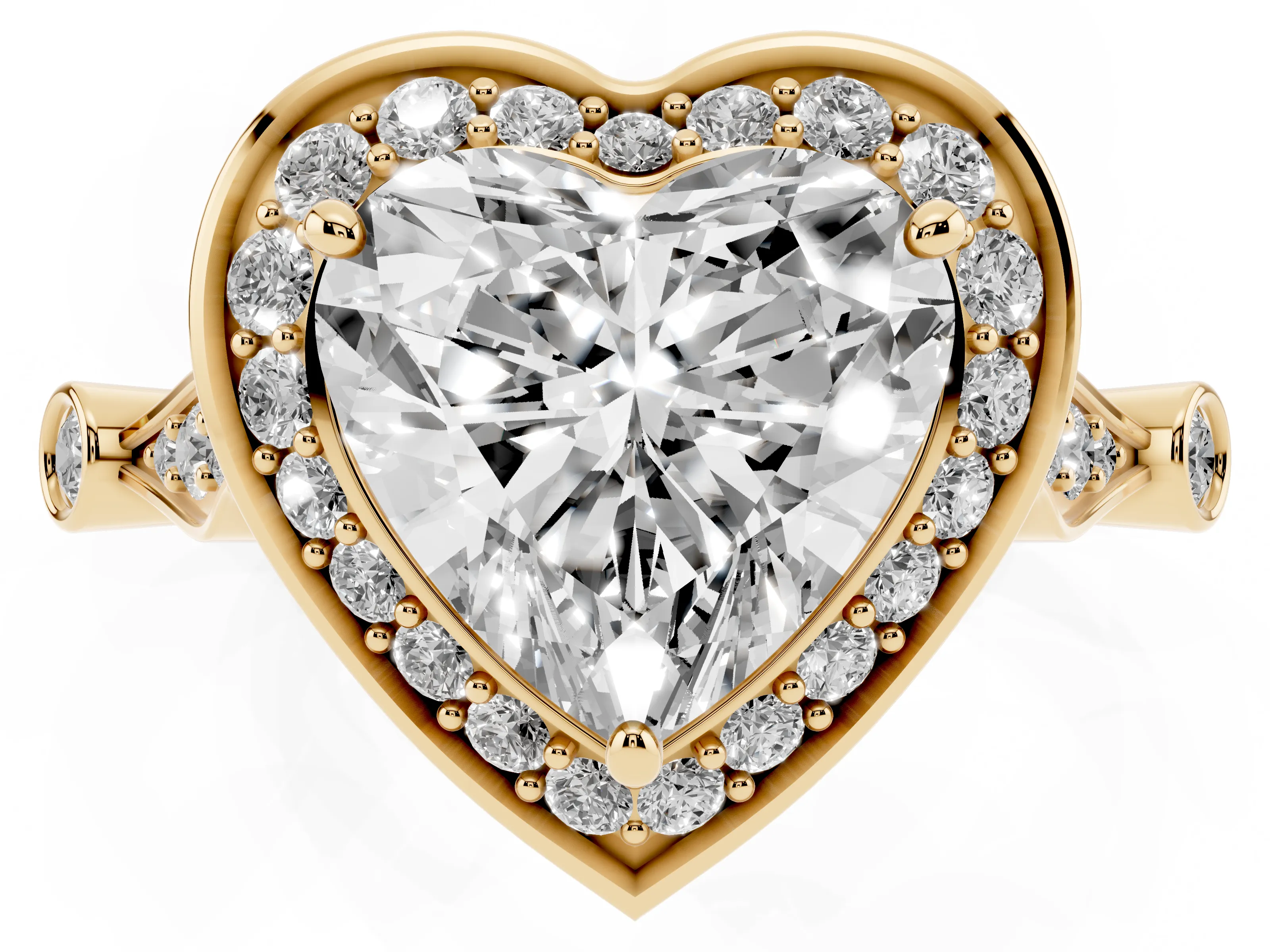 Heart Cut Diamond Halo Engagement Ring Set in Yellow gold with Twisted Band and Prong Setting