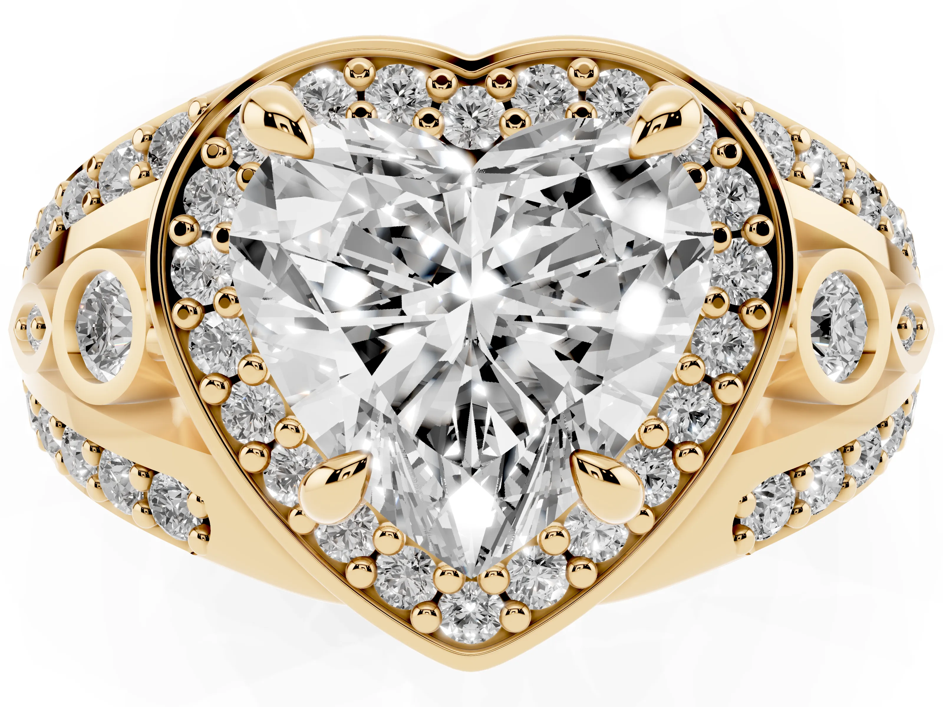 Heart Cut Diamond Halo Ring Set in Yellow gold with Pavé Split Shank and Bezel Accents