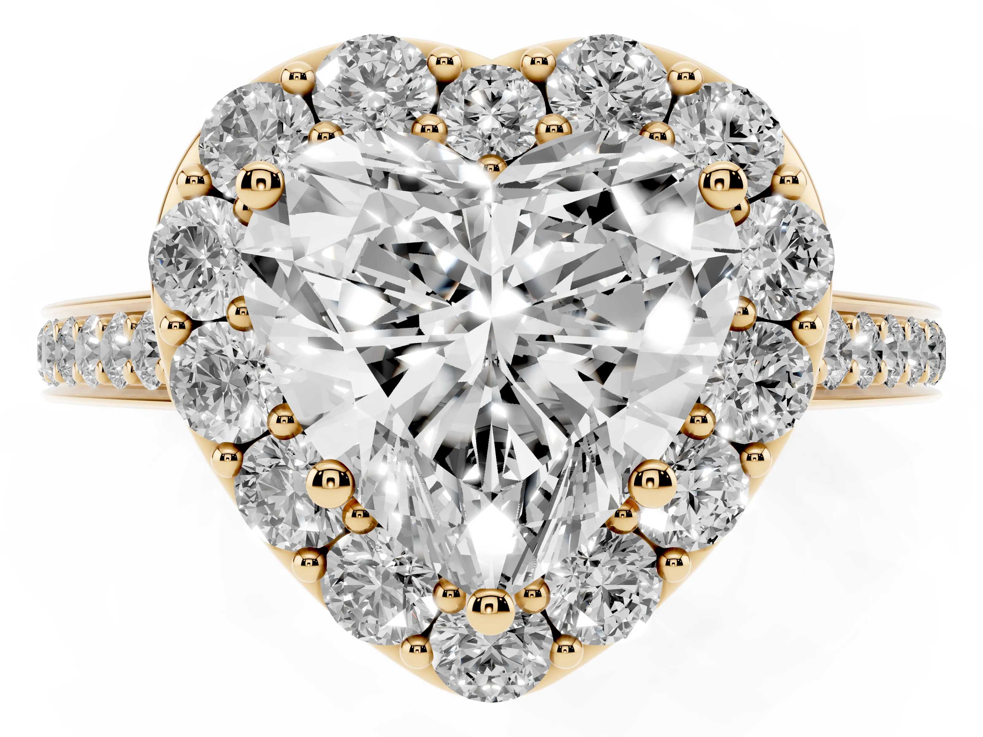 Heart Cut Diamond Floral Halo Ring Set in Yellow gold with Pavé Band and Prong Setting