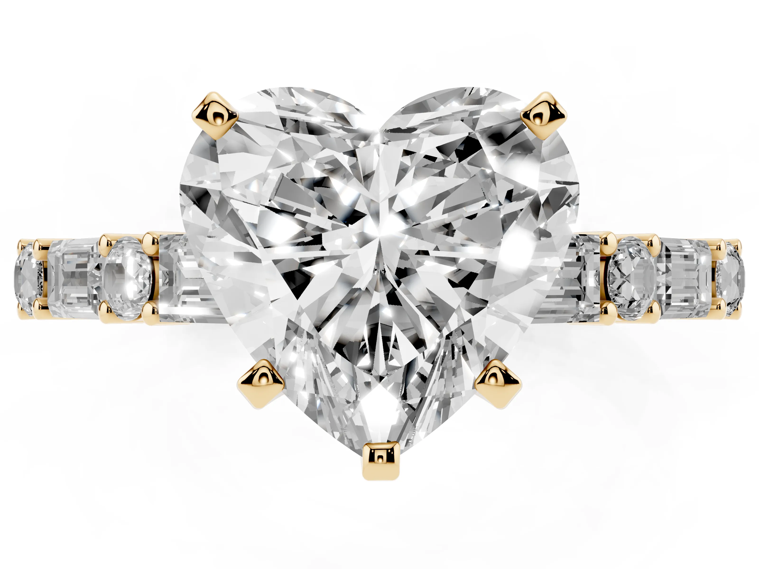 Heart Cut Diamond Solitaire Set in Yellow gold with Side Baguettes and Channel Set Band