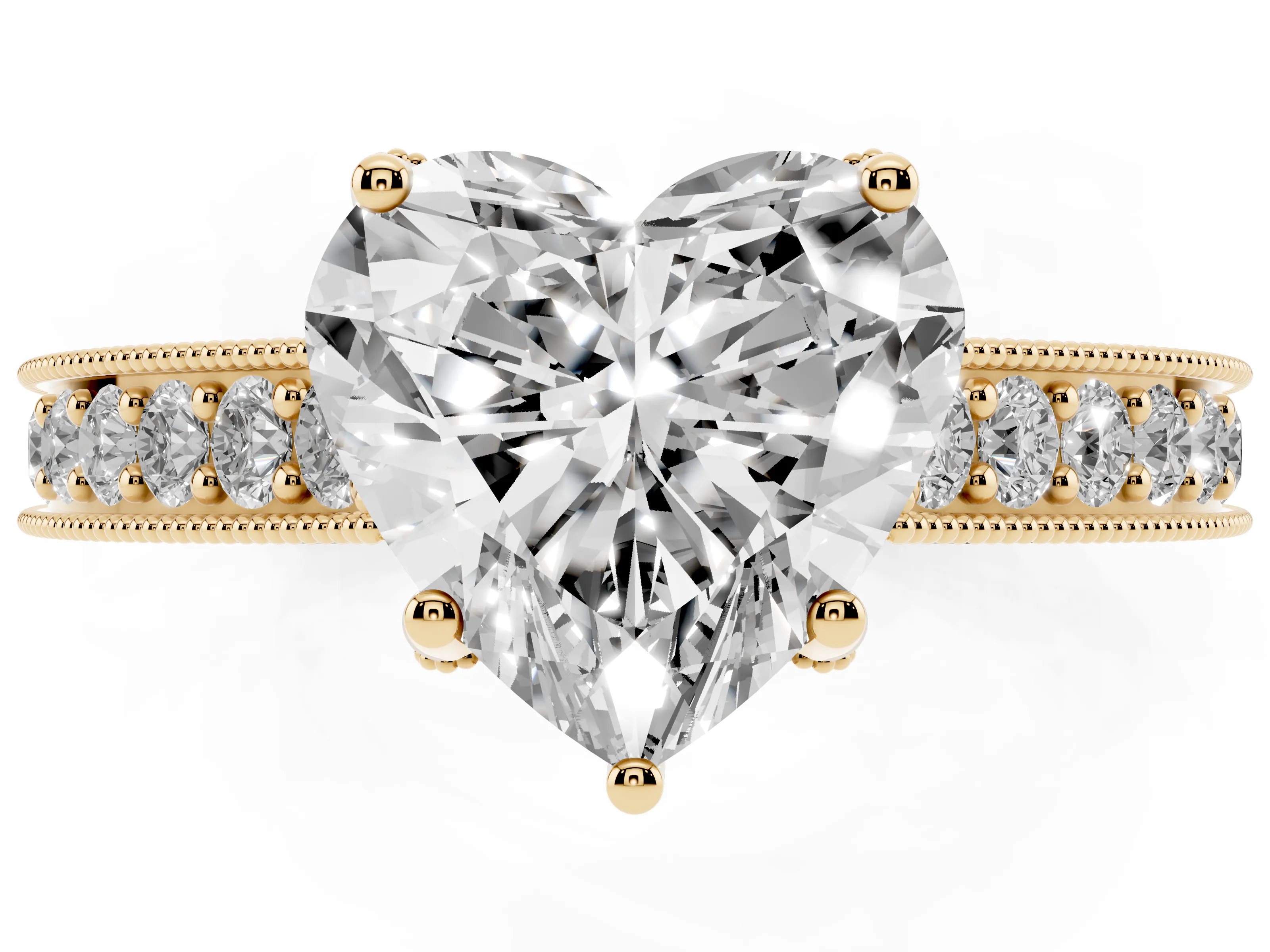 Heart Cut Diamond Solitaire Ring Set in Yellow gold with Milgrain-Edged Pavé Band and Prong Setting