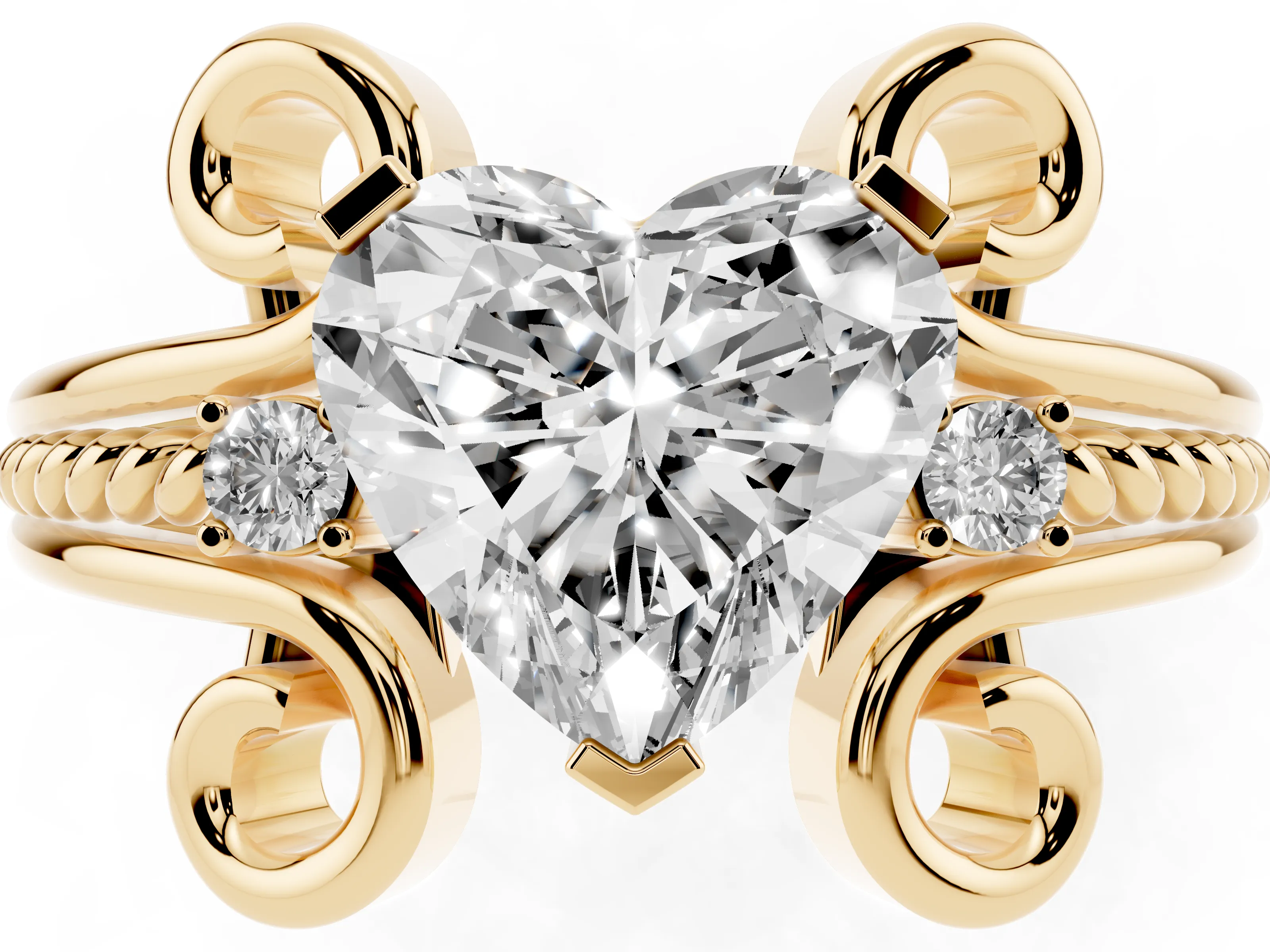Heart Cut Diamond Twisted Band Solitaire Ring Set in Yellow gold with Scroll Prongs